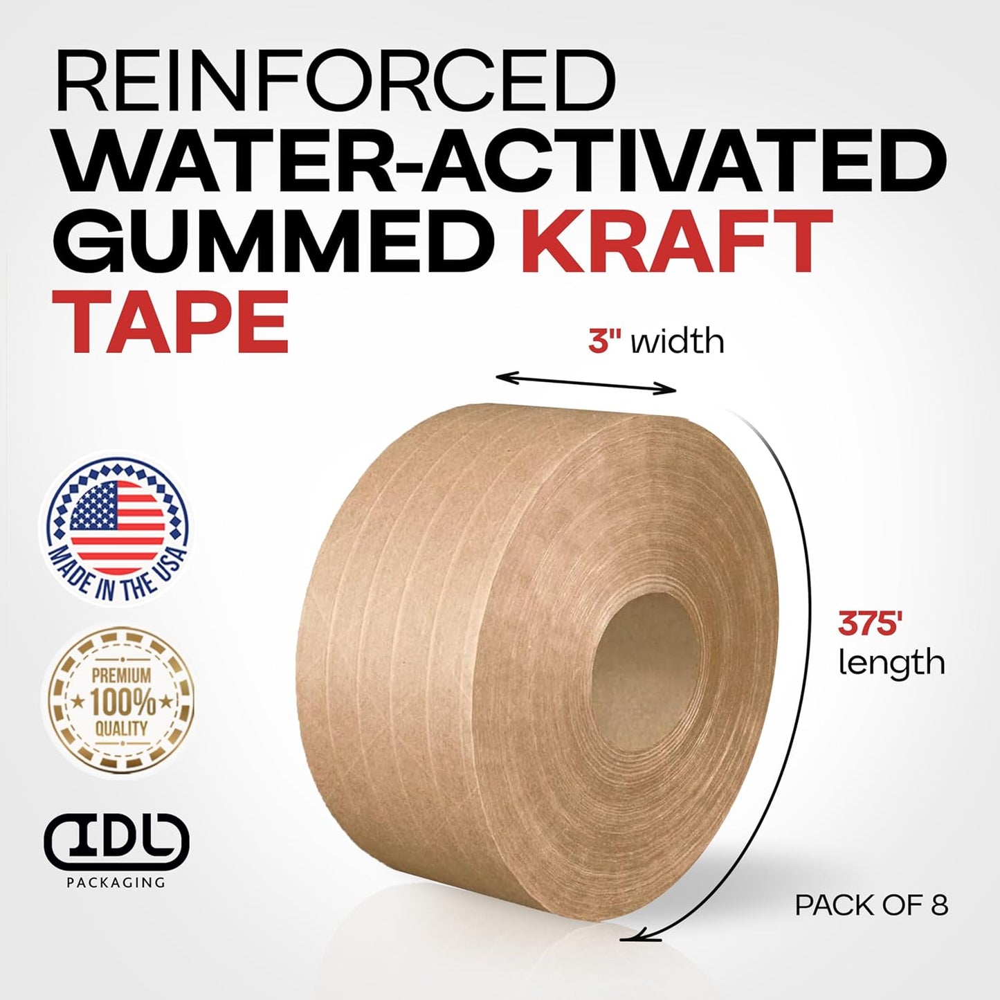 IDL Packaging 3" x 375 feet Reinforced Water-Activated Kraft Gummed Tape 70lb Thickness (Pack of 8) - Secure Paper Packing Tape for Secure Carton Sealing - Heavy-Duty for All Conditions, Brown
