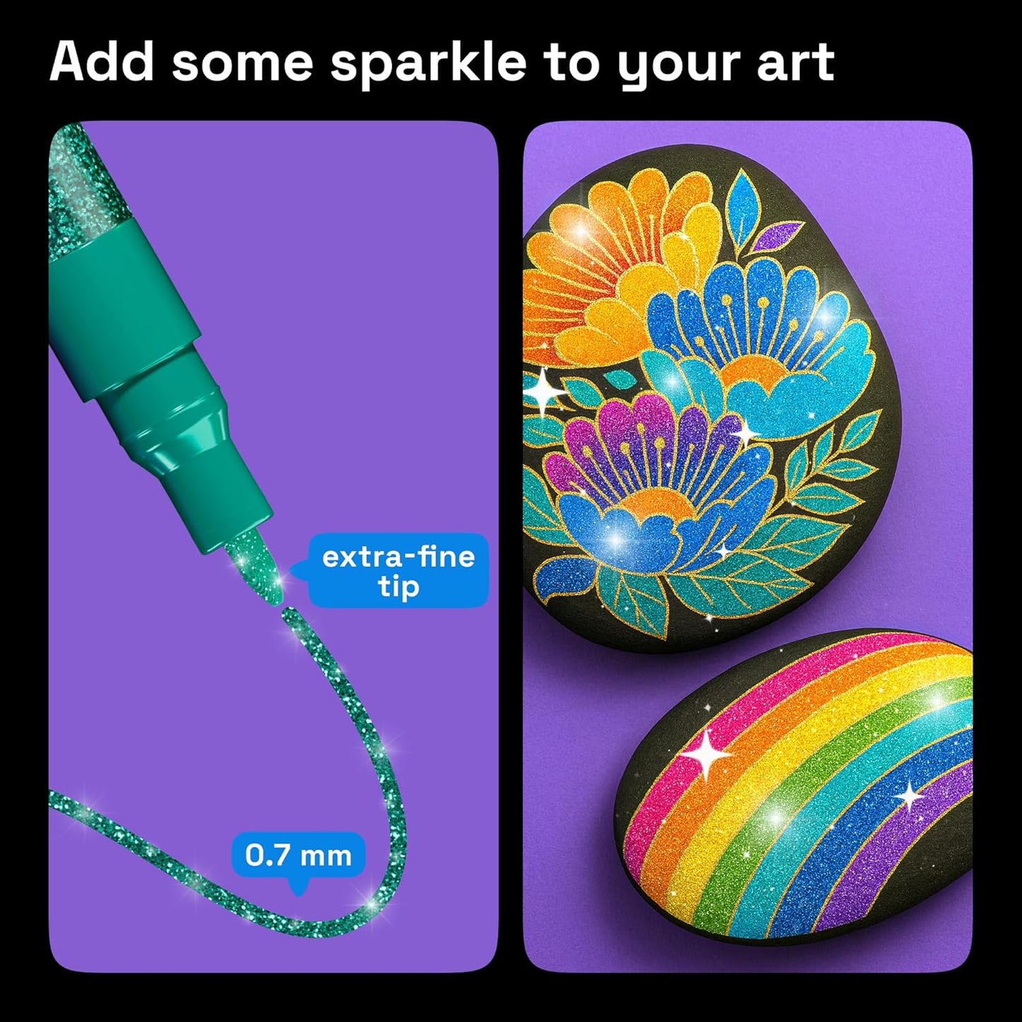 ARTISTRO 12 Glitter Paint Pens Sparkly and Shiny for Glass, Rock Painting, Ceramic, Wood, Fabric, Scrapbooking, DIY Craft Making, Coloring - Acrylic Paint Markers Extra-Fine Tip 0.7mm