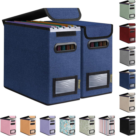 BALEINE File Organizer Box with Lid, Collapsible File Folder Organizer with Plastic Slide, Hanging File Folder Box for Office Document Storage (2 Pack, Blue, S)
