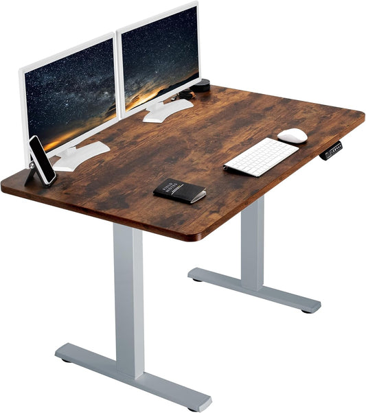 VIVO Electric 48 x 30 in Rustic Standing Desk, Memory Height Adjustment, 1B Series, One-Piece Vintage Brown Top, Gray Frame, DESK-KIT-1G5N