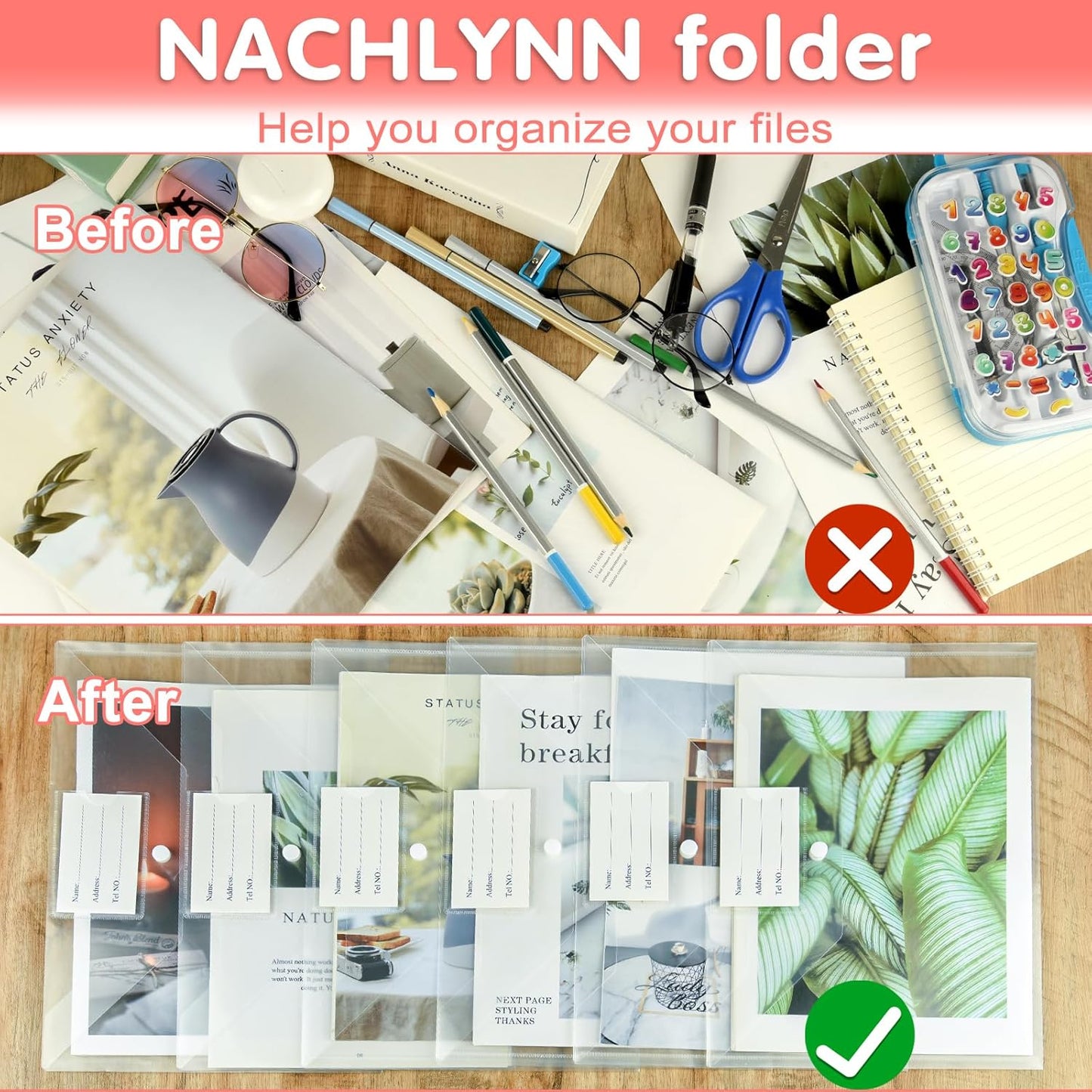 NACHLYNN 18 Pack Plastic Envelopes Plastic Folders With Snap Closure, A4 Size Clear File Envelopes with Label Documents Folders Organizers for Home Work Office Organization
