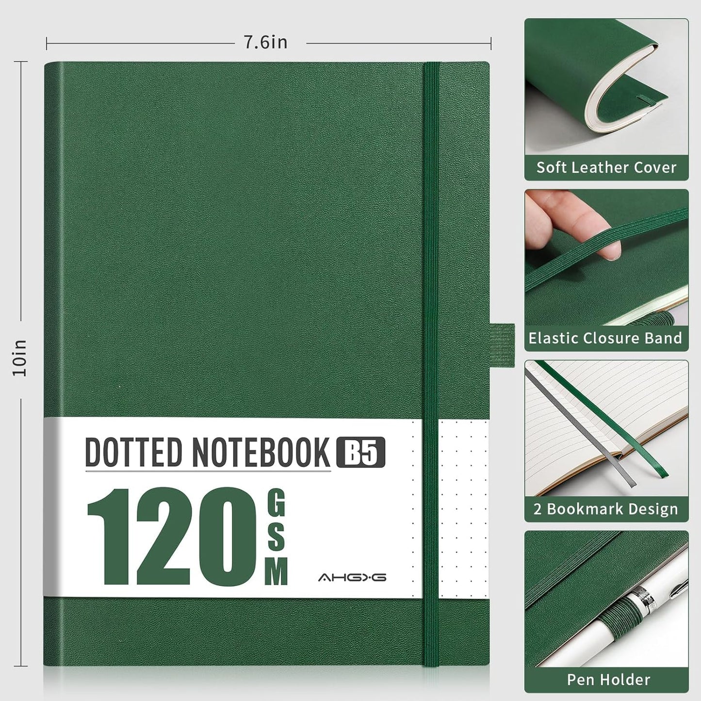 AHGXG Bullet Dotted Journal - Dot Grid Notebook Journal, 120 GSM Thick Acid-Free Paper, Large B5 Dotted Notebook 96 Pages, Leather Softcover, Inner Pocket, Journal Stencil, 7.6'' X 10'' - Green