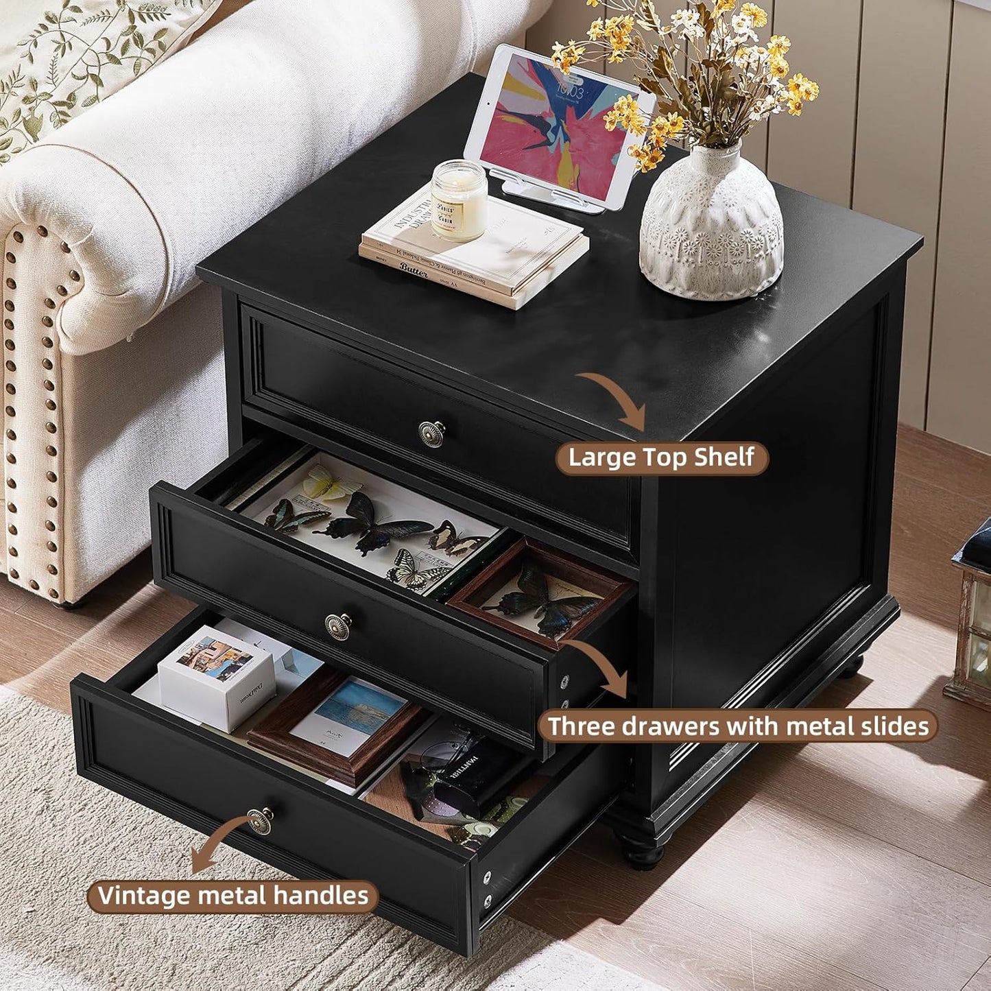 24" Wide Farmhouse Night Stand,Large End Table with 3 Drawers & Metal Handle,Black Wood Dresser for Bedroom Cabinet, Bed Side Tabl·e Chest of Drawers,Nightstand for Living Room,Close