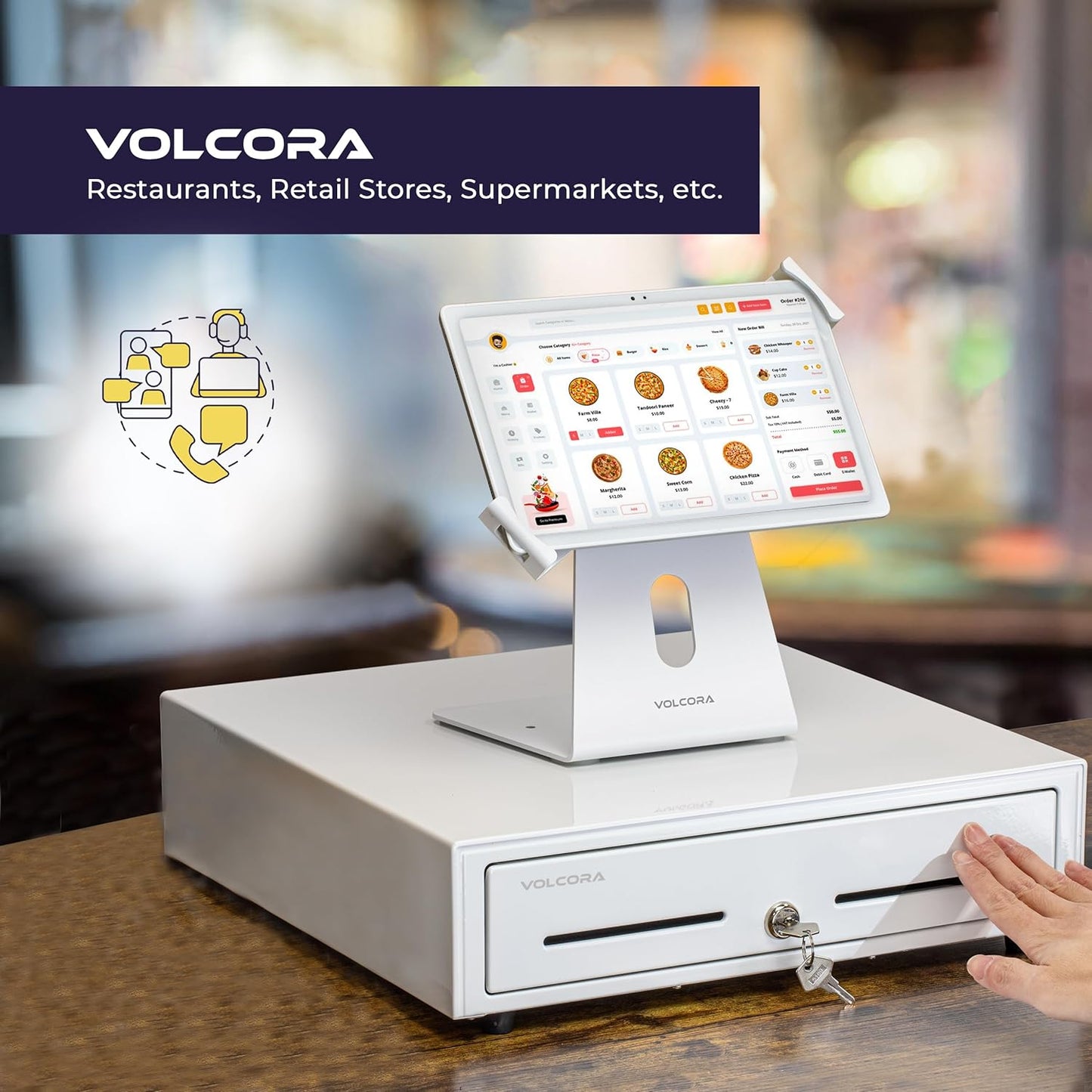 Volcora 16" Push Open Cash Register Drawer for Point of Sale (POS) System, Fully Removable White Heavy Duty Till with 5 Bills/8 Coin Slots, Key Lock and Double Media Slots