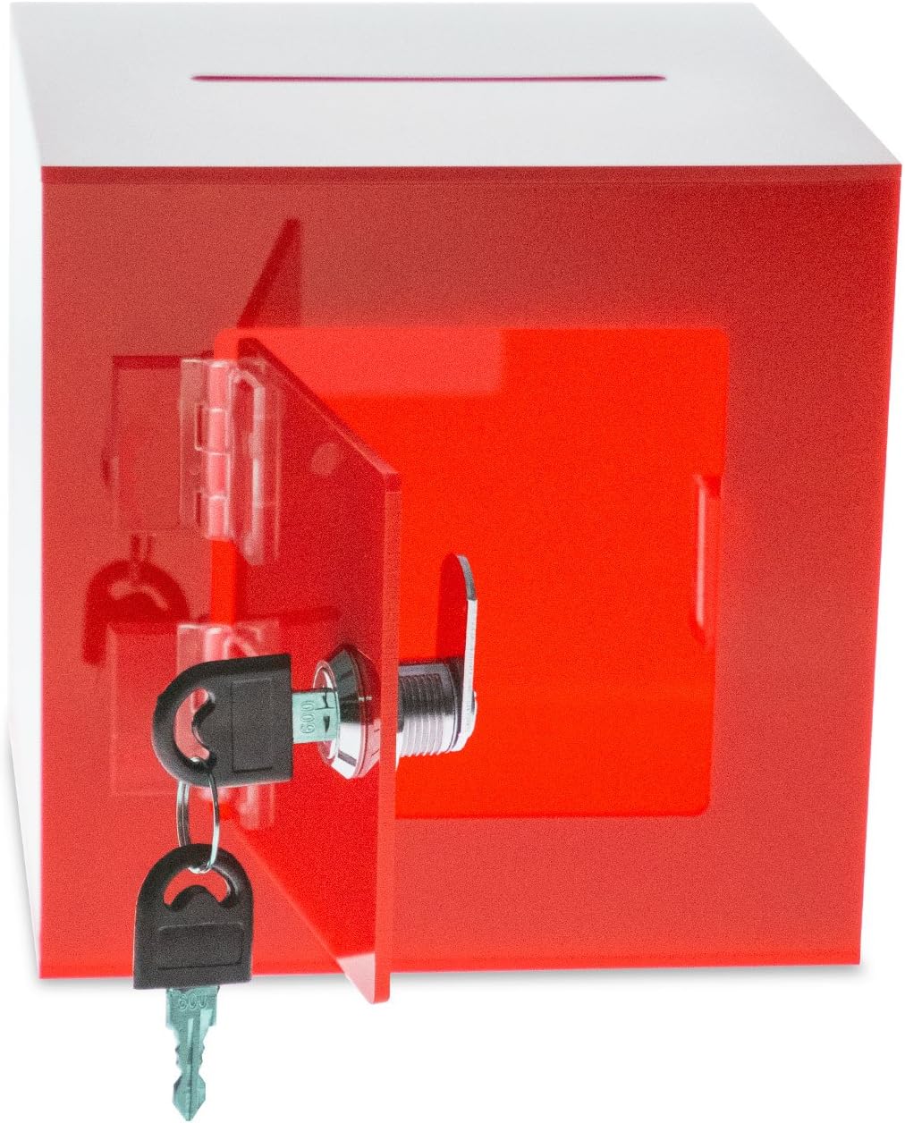Source One Premium Acrylic Cube Donation Box with Deluxe Rear Open Door and Cam Lock Suggestion Box (6 Inch, Red)