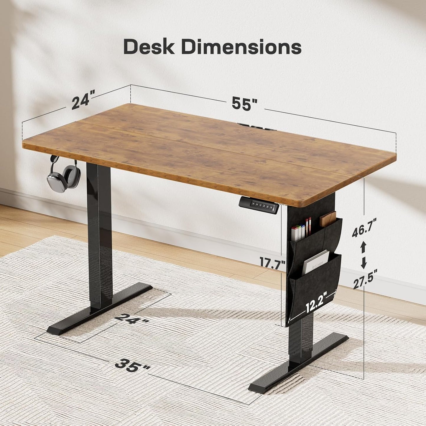 HUANUO Electric Standing Desk, 55 x 24 Inch Height Adjustable Computer Desk with Storage Bag, 4 Height Memory Settings, Sit Stand Up Desk for Home Office, Rustic Brown