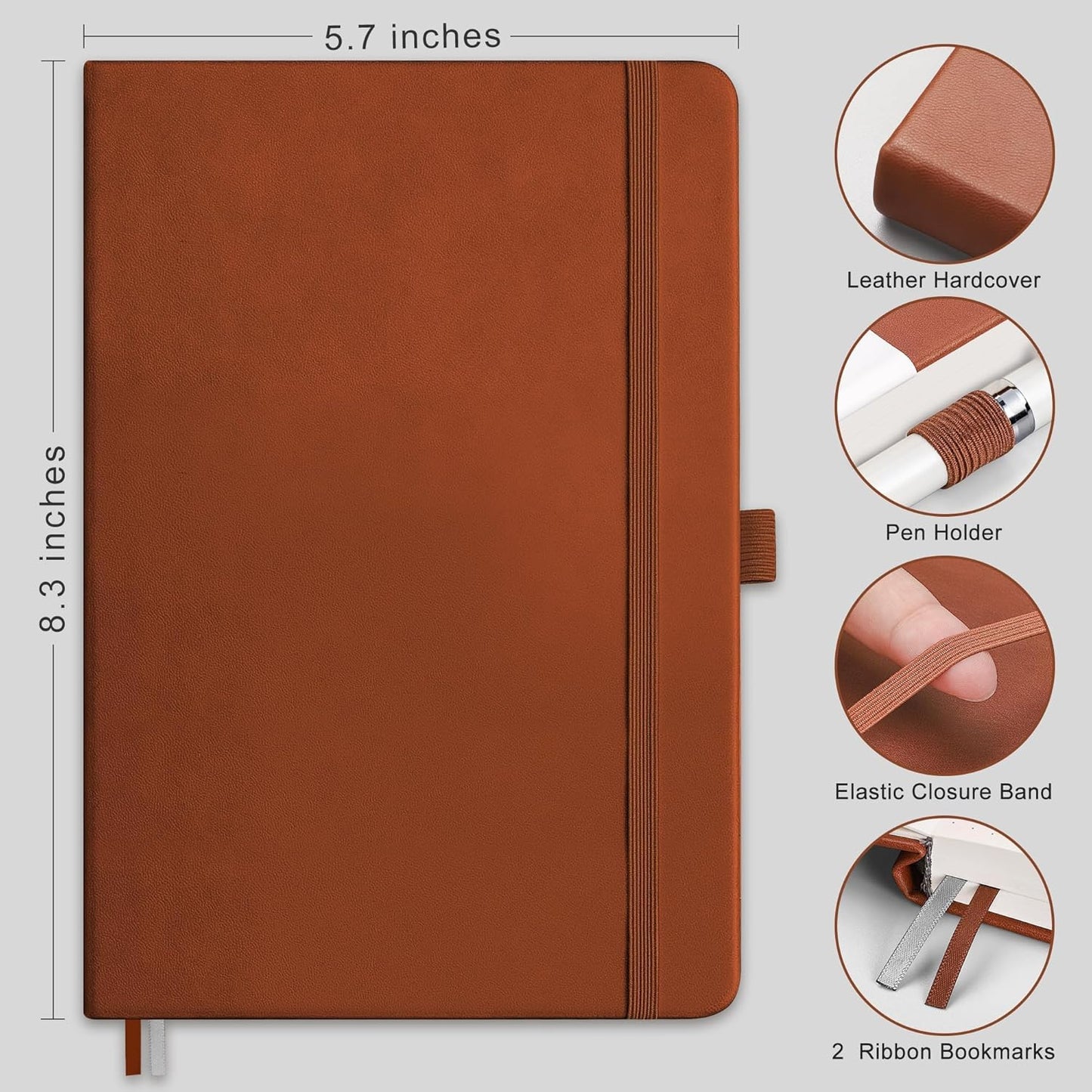 RETTACY Lined Journal Notebook, 192 Numbered Pages, A5 Medium Size (5.7'' x 8.3''), for Men & Women, Journaling, Writing, Work & Office, Leather Hardcover, 100 GSM Thick Paper (Brown)