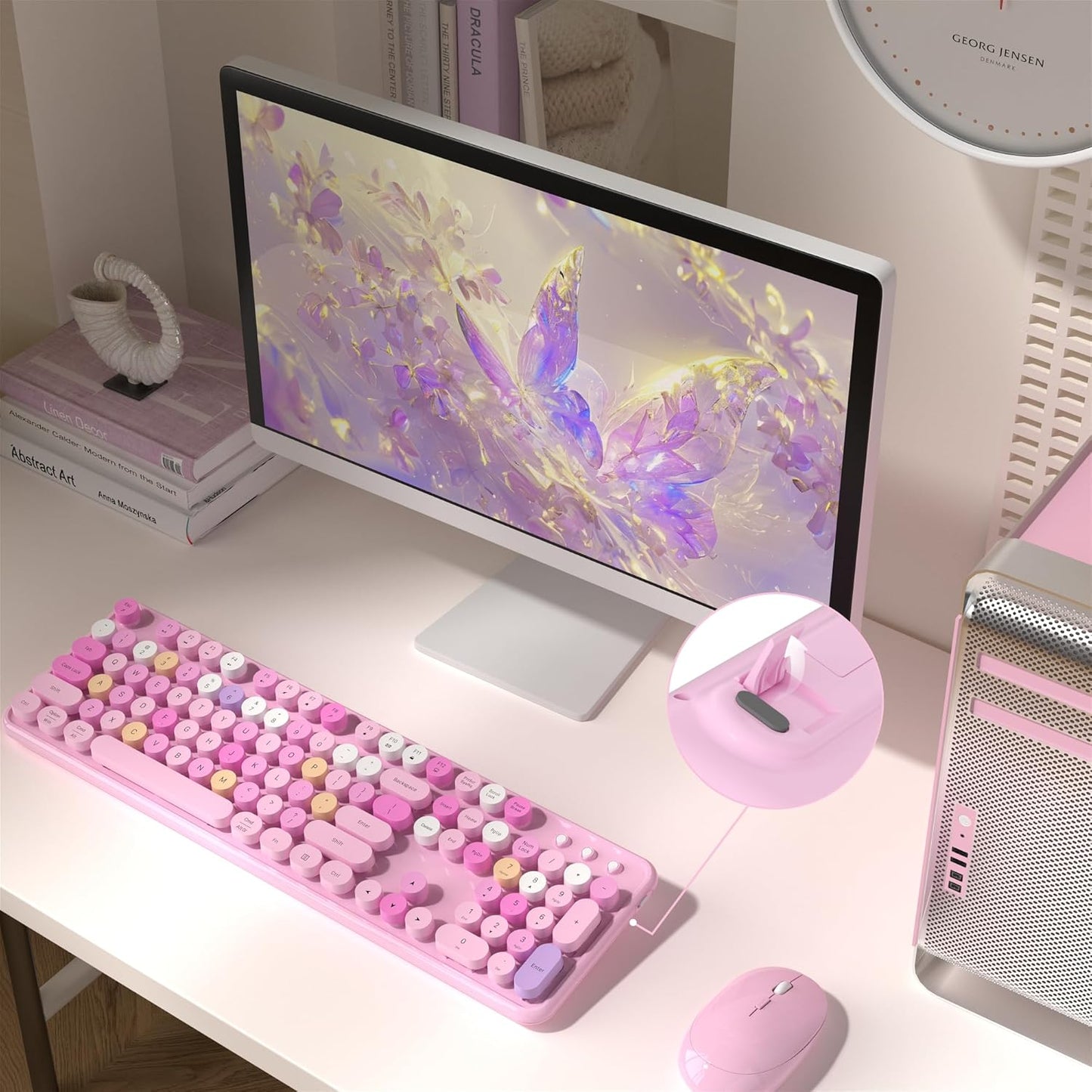 Colorful Wireless Computer Keyboard and Mouse Combo with Round Typewriter Keycaps, Retro Design, Power Switch, Ergonomic Design, 2.4GHz Wireless for Windows, Mac, PC(Pink-Colorful)