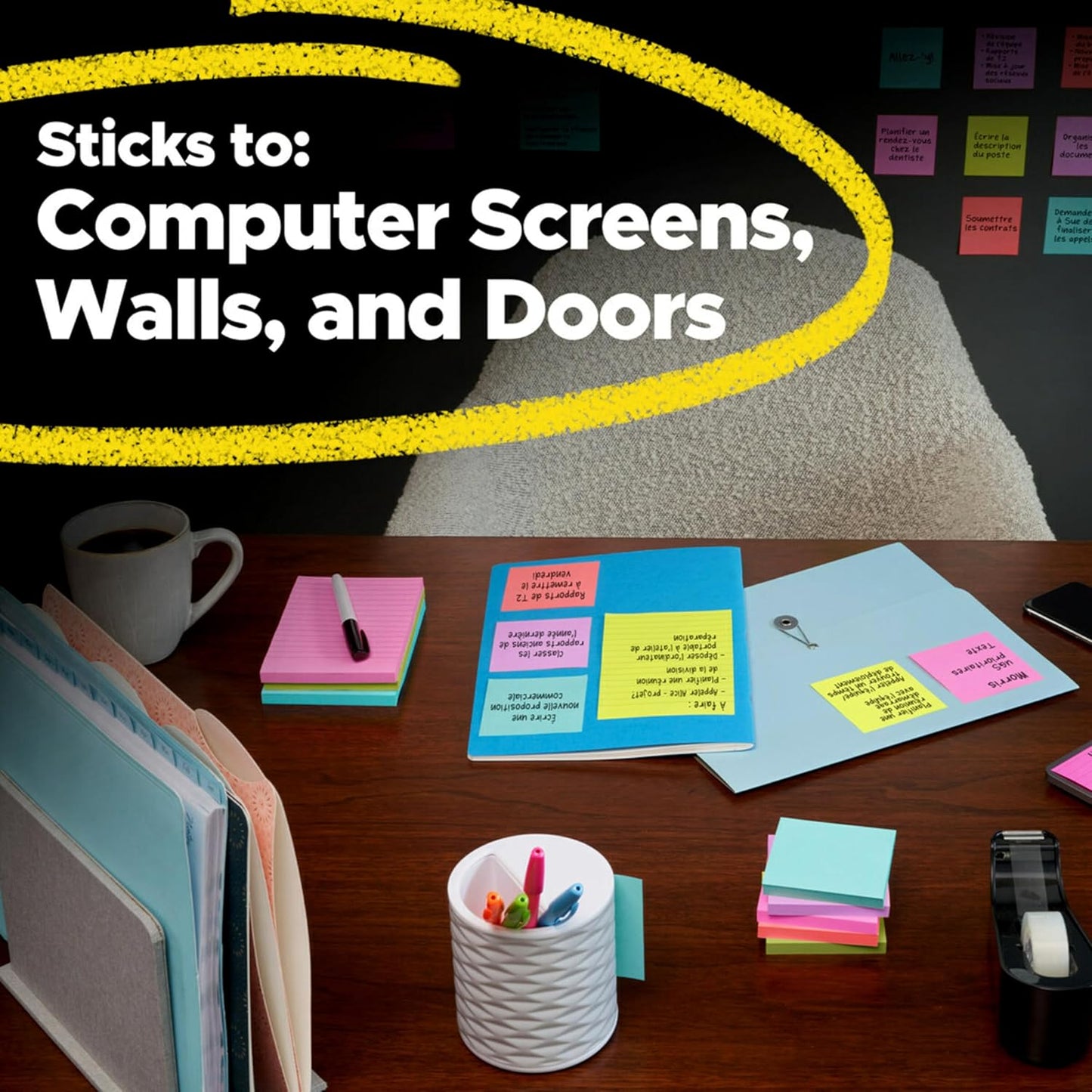 Post-it Super Sticky Notes, 4 Lined Note Pads, 4 x 4 in., 2X The Sticking Power, School Supplies and Office Products, Sticky Notes for Vertical Surfaces, Monitors, Walls and Windows, Simply Serene