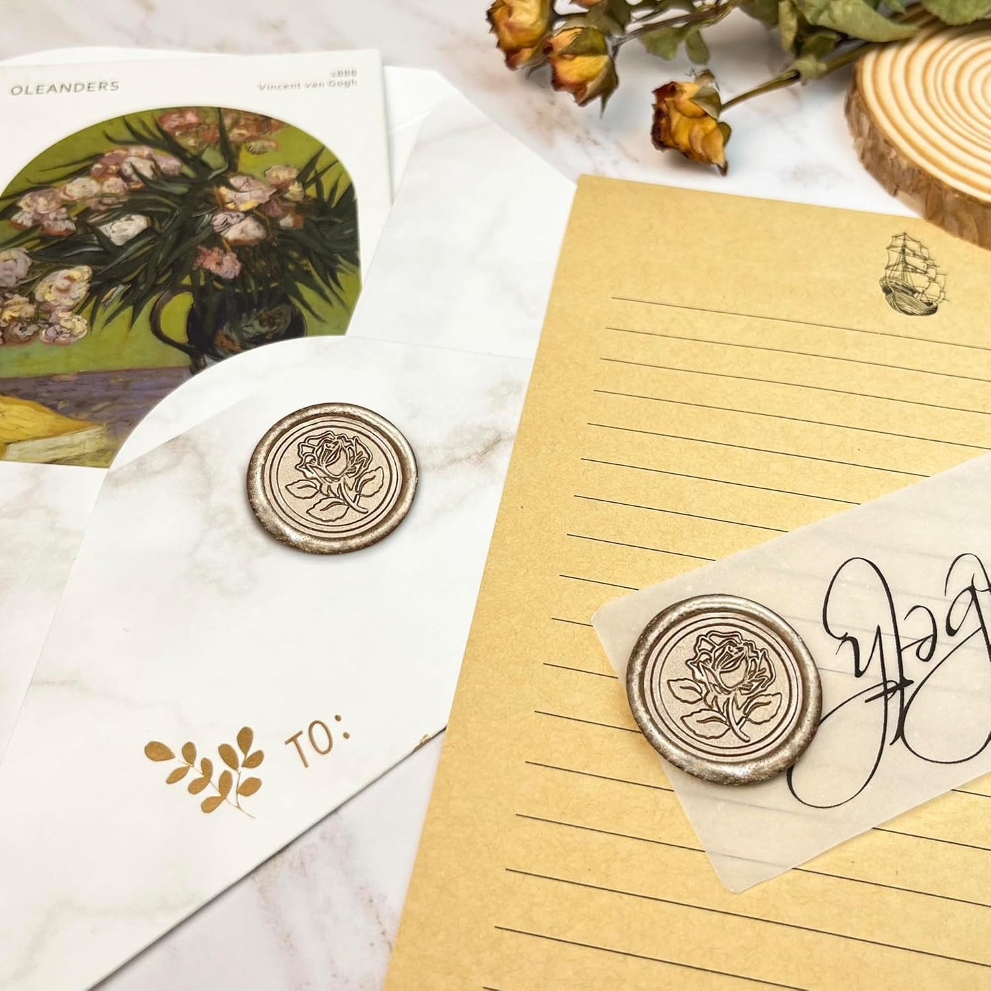 50Pcs Wax Seal Stickers Handmade Envelope Seals Self Adhesive Wax Stickers for Wedding Party Invitations, Envelope, Gift Wrap, Christmas(Rose Style, Champagne Gold)