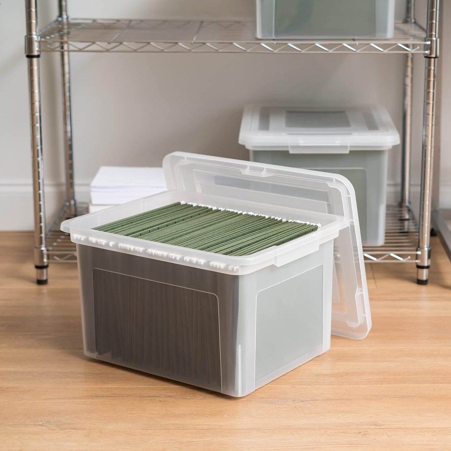 IRIS USA File Box, Plastic File Boxes With Lids, Document Organizer for Letter/Legal File, Document Box, Storage Bin For Hanging Files, Secure Latching Lid Stackable BPA-Free, Clear 35 Qt. 1 Pack