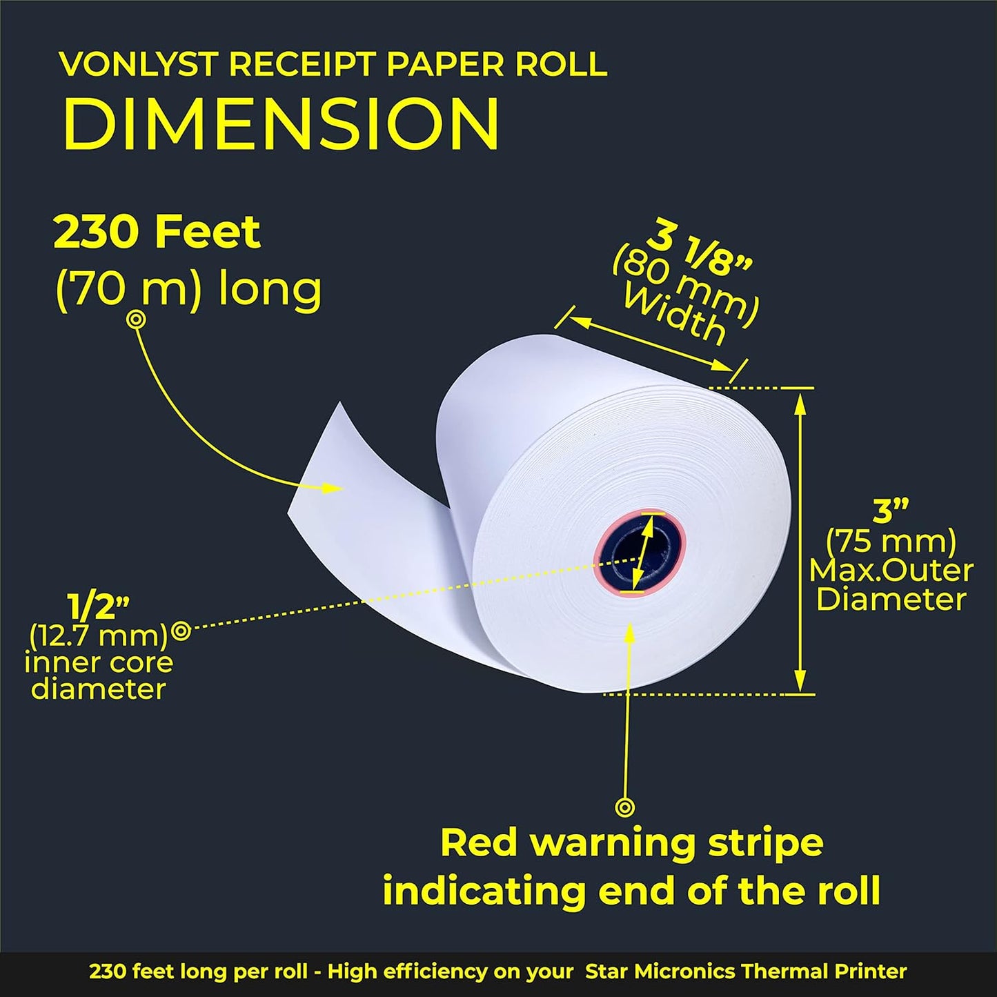 Receipt Paper Roll 3 1/8 x 230 for Square Register and Square POS System connected to Star Micronics Thermal Printer (Pack 24 rolls)