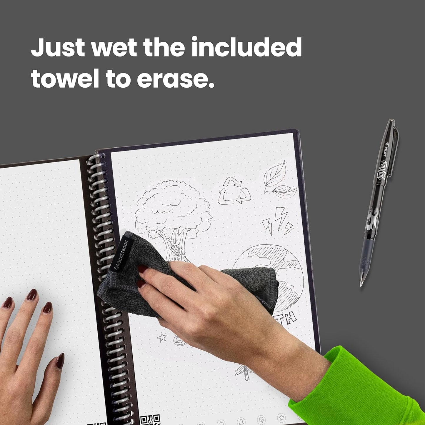 Rocketbook Core Reusable Spiral Notebook, Executive Size 6x8.8, Green - Dotted Pages, App-Connected, Erasable, Durable Cover, Ideal for School, Work, and Creative Projects