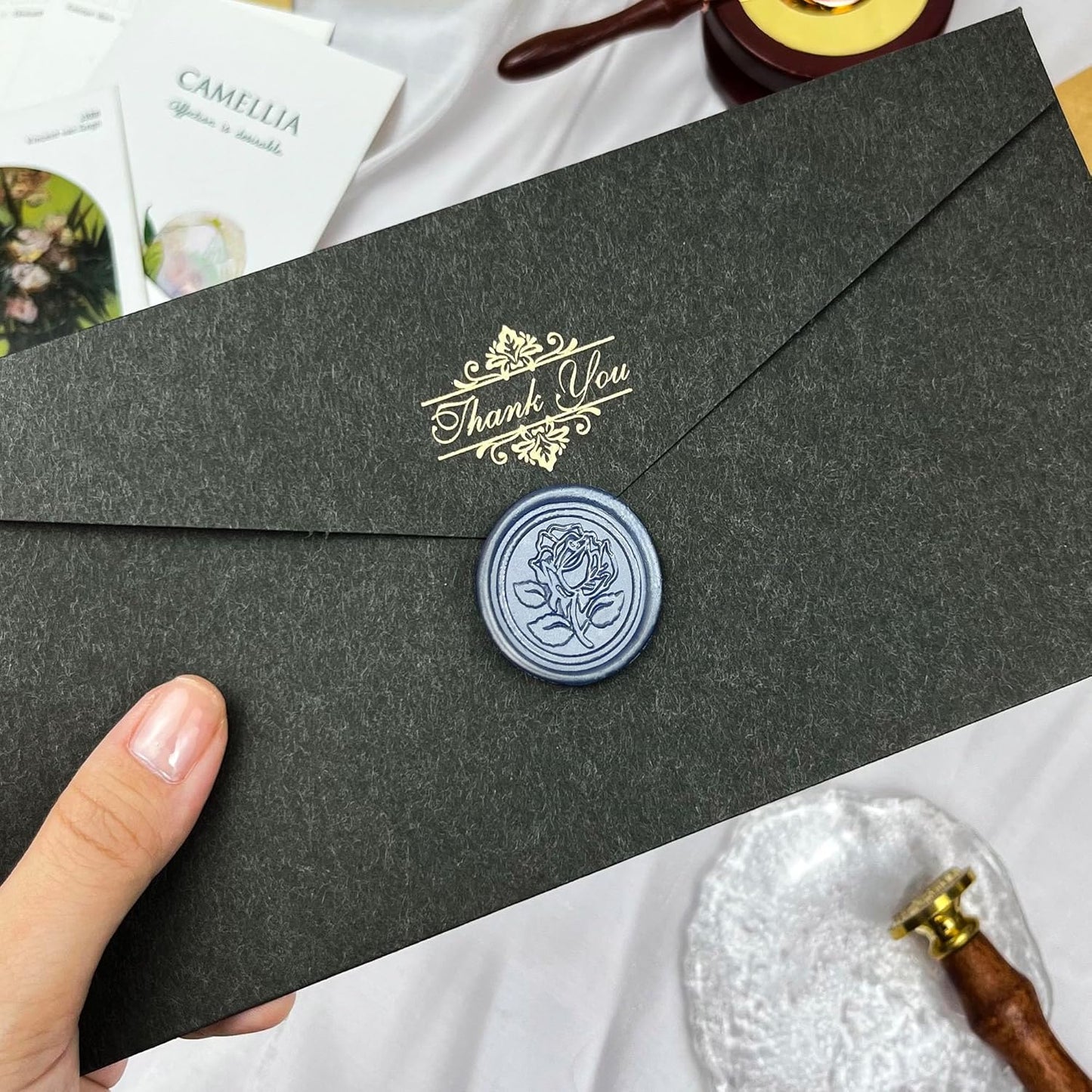 100Pcs Wax Seal Stickers Handmade Envelope Seals Self Adhesive Wax Stickers for Wedding Party Invitations, Envelope, Gift Wrap, Christmas(Rose Style, Gray Blue)