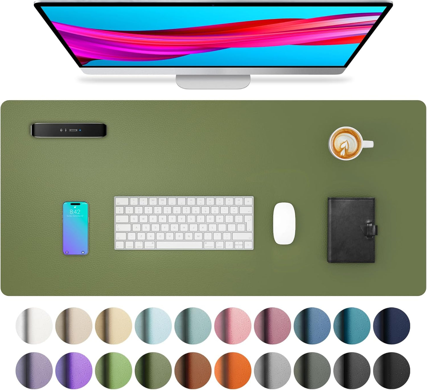 Aothia Leather Desk Pad Protector, Mouse Pad, Office Desk Mat, Non-Slip PU Leather Desk Blotter, Laptop Desk Pad, Waterproof Desk Writing Pad for Office and Home (31.5" x 15.7",Olive Green)