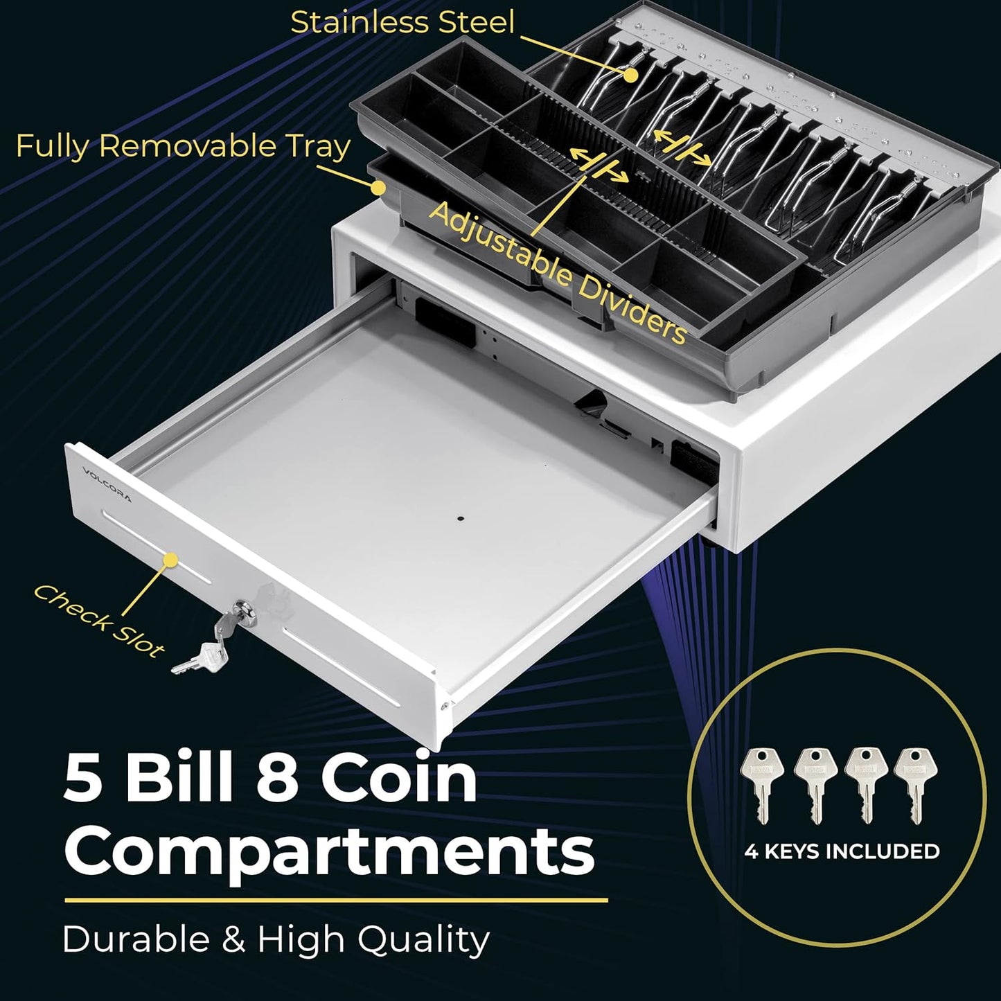 Volcora 16" Push Open Cash Register Drawer for Point of Sale (POS) System, Fully Removable White Heavy Duty Till with 5 Bills/8 Coin Slots, Key Lock and Double Media Slots