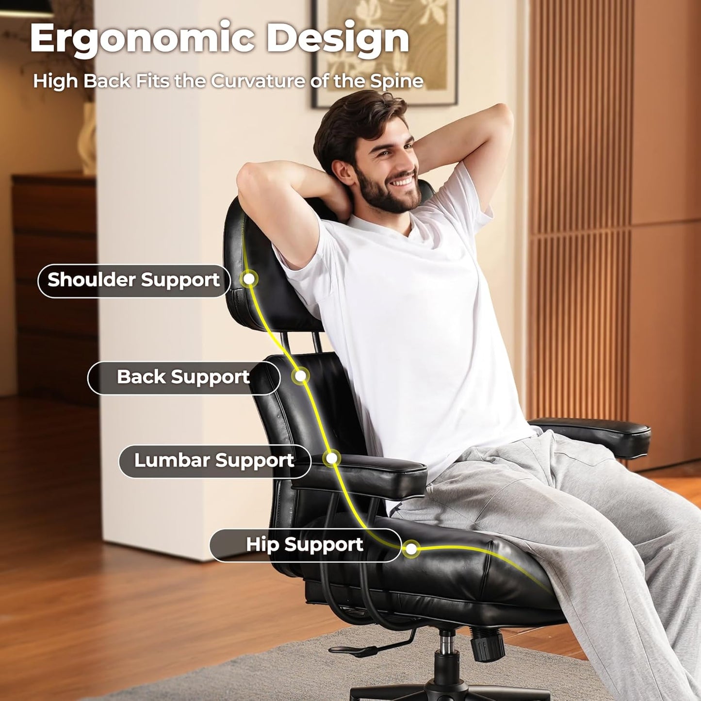 ovios Ergonomic Home Office Chair, Mid-Century Modern Faux Leather Chairs with Thickened Cushions, Comfy High Back Swivel Rolling Executive Computer Armchair (Black, PU Leather)
