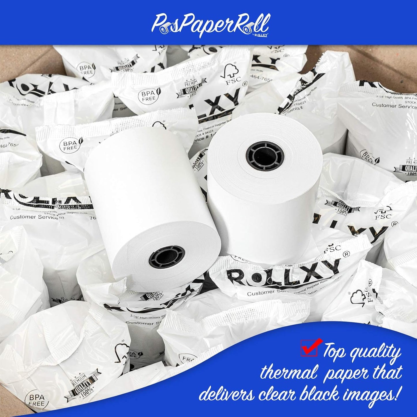 3 1/8 x 230 Thermal Paper Receipt Rolls (50 GSM - Solid Core) Fits All POS Cash Registers Printers, Clover Square Stations, Star Micronics SCP700, TSP100 BPA Free - Premium Grade (2700 Rolls)
