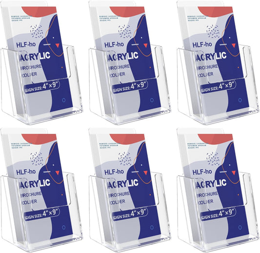 Brochure Holder 4x9 Inch Acrylic Literature Holders Clear Plastic Flyer Display Stand Countertop Use Pamphlet Holder Multi Purpose Organizer for Office, Lobby, Hotels, Trade Shows, 6 Pack