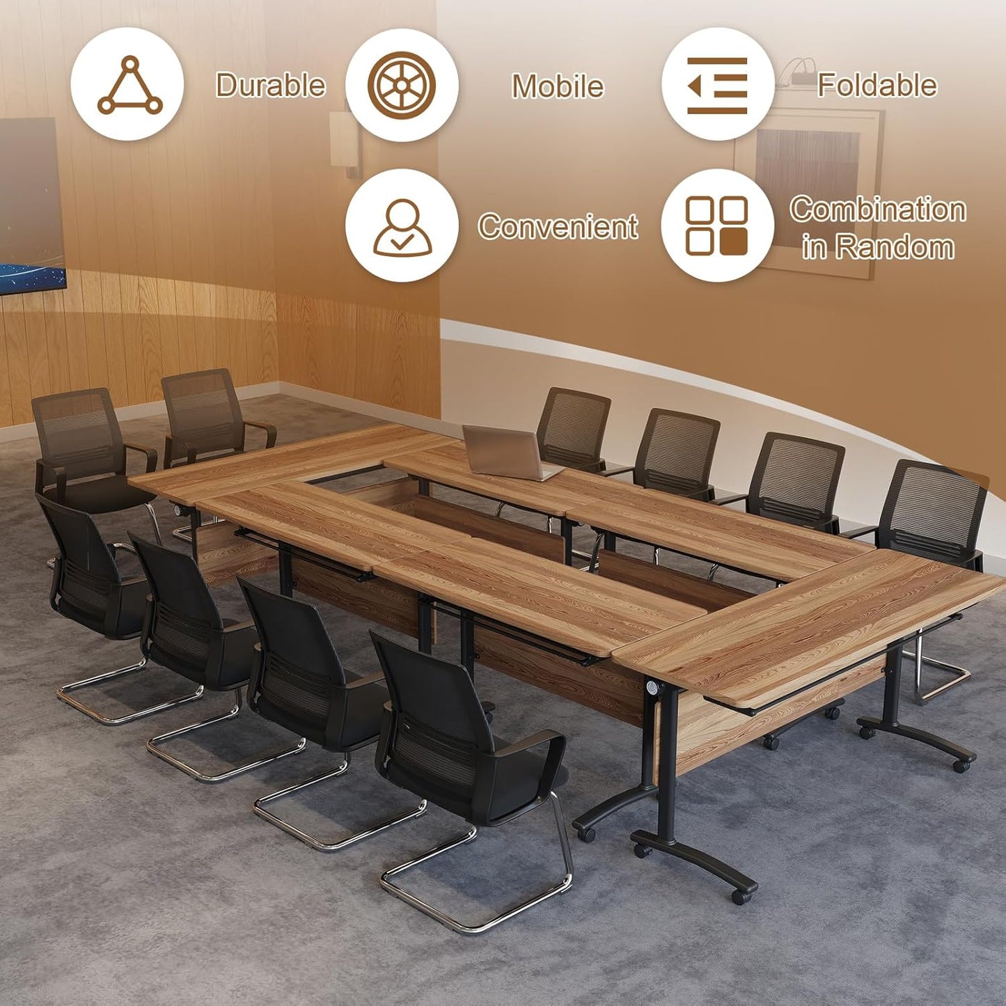 Folding Conference Room Table, Modern Conference Tables with Silent Wheels, Large Rectangular Mobile Training Tables for Office Classroom, Foldable Modular Boardroom Seminar Table (6pack L63in)