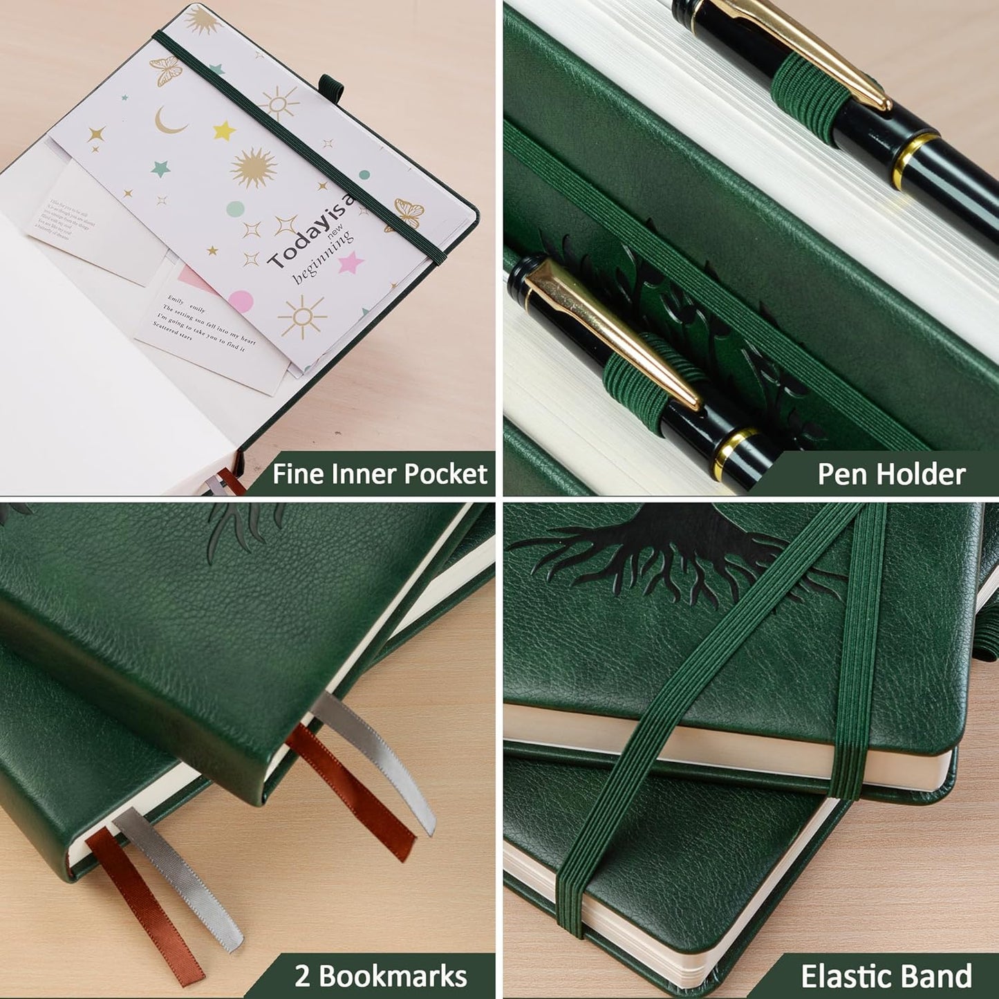 ZXHQ A5 Bullet Dotted Journal Notebook - 150 gsm Thick Paper, 256 Pages, Dot Grid Hardcover, Tree of Life Design, Fine Inner Pocket - 5.9" × 8.5" Dark Green