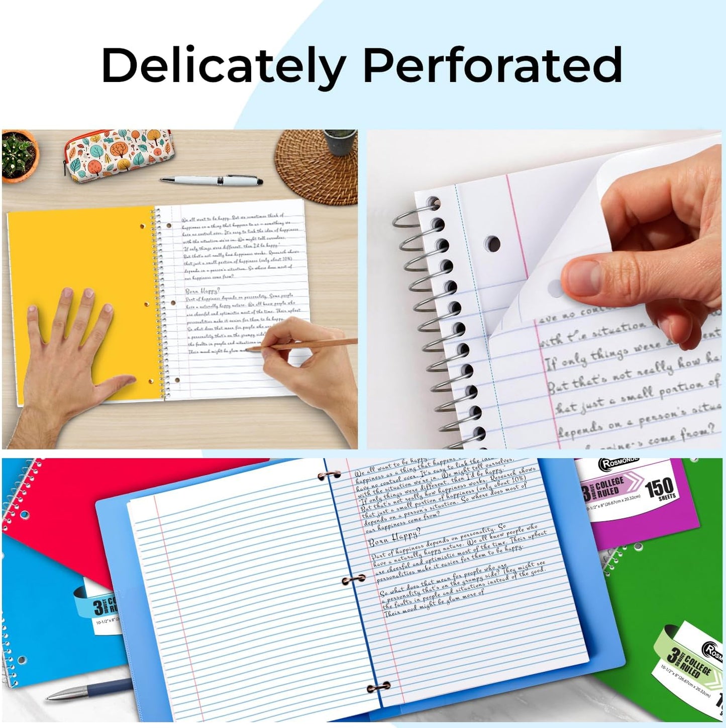 3 Subject Notebook College Ruled, 6 Pack, 150 Sheets(300 Pages), No-Bleed Paper, 3 Hole Punched, 8x10-1/2, 3 Subject Spiral Notebook for School, Home & Office, Assorted Colors