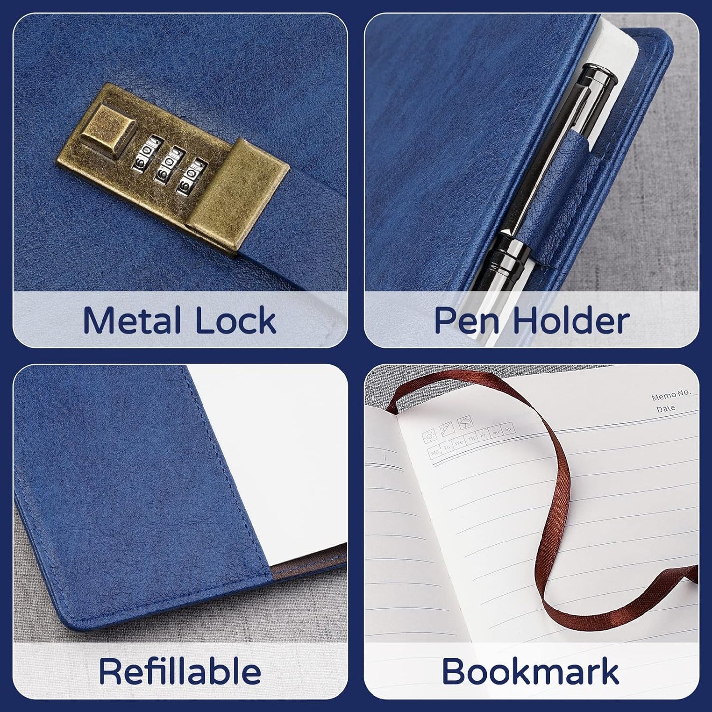 WEMATE Diary with Lock, A5 PU Leather Journal with Lock 240 Pages, Vintage Locks Journal Password Notebook with Pen, Locks Diary Planner Organizer for Men and Women, 8.6x5.8in Blue