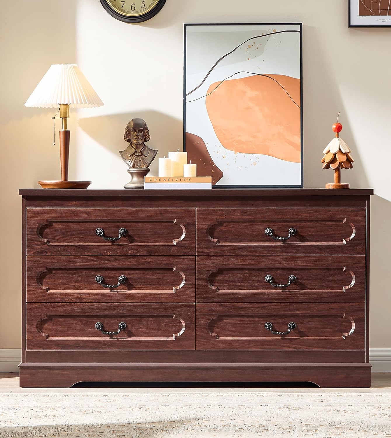 LIDYUK 6 Drawer Dresser for Bedroom Farmhouse Cherry Tall Wood Chest of Drawers for Bedroom Dresser, Modern Rustic 55" Wide Drawers Dressers Wooden Closet and Storage Cabinet, Hallway, Living Room