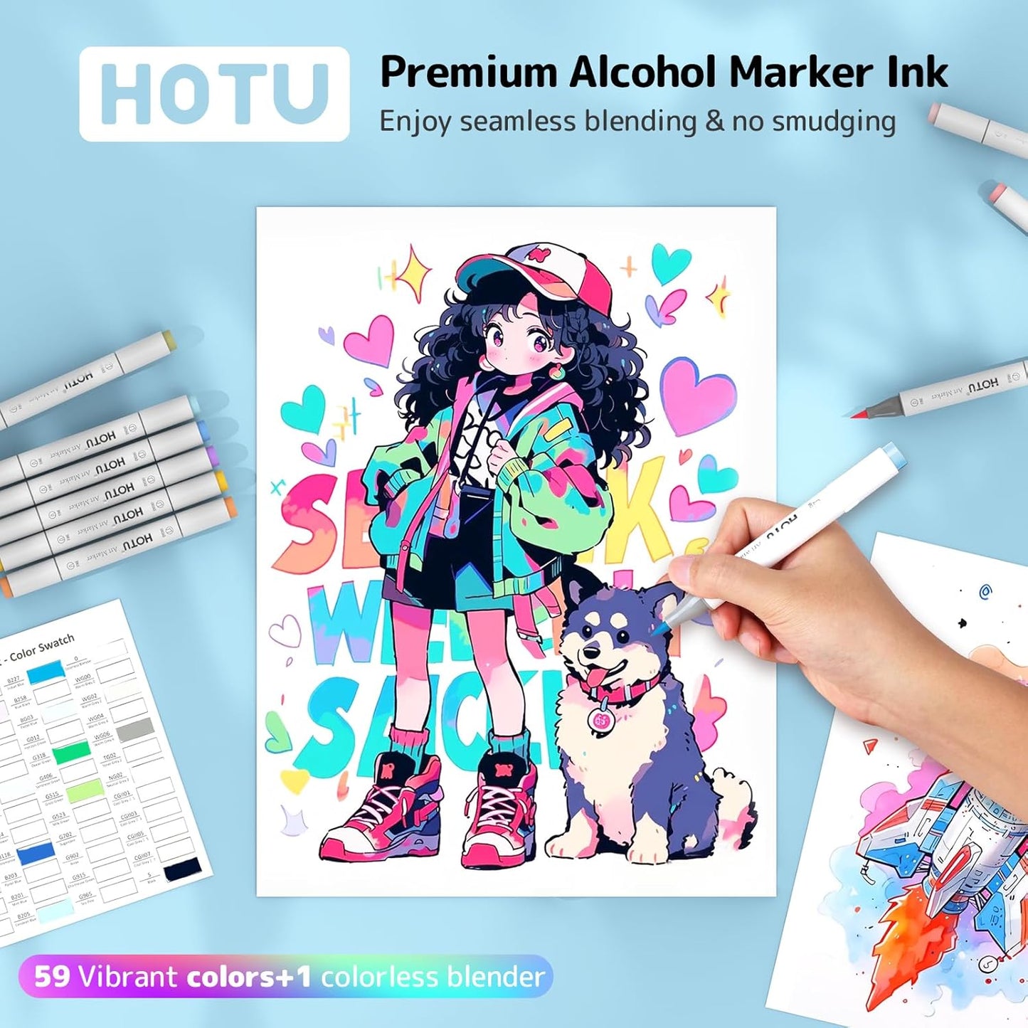Alcohol Markers Brush Tip -60 Virant Colors Daul Tips Art Markers Set, for Artist Adults Coloring Illustrations, with Seamless Blending, Colorless Blender, Anti-Bleeding Pad, &Premium Ink
