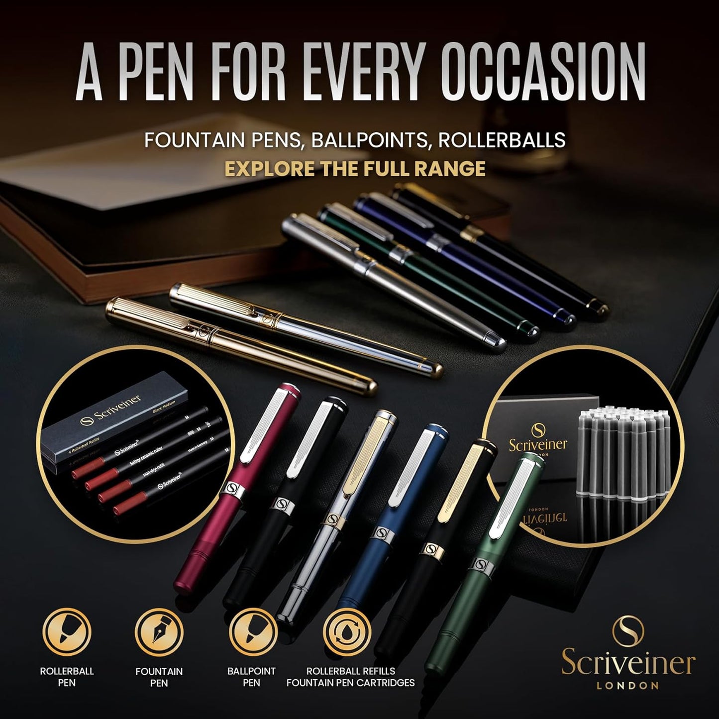 Scriveiner Deep Crimson Red Rollerball - Stunning Red Lacquer Luxury Pen with Chrome Finish, Schmidt Ink Refills, Roller Ball Pen Gift Set for Men & Women, Professional, Executive, Office, Nice Pens