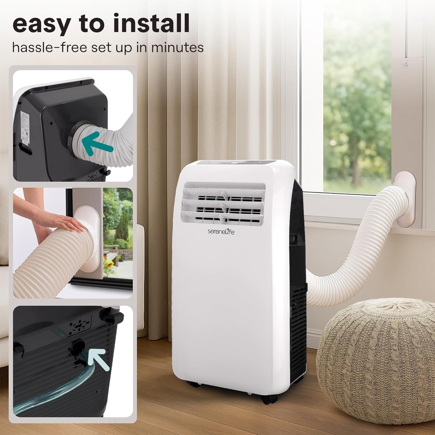 SereneLife SLPAC12.5 SLPAC 3-in-1 Portable Air Conditioner with Built-in Dehumidifier Function,Fan Mode, Remote Control, Complete Window Mount Exhaust Kit, 12,000 BTU, White