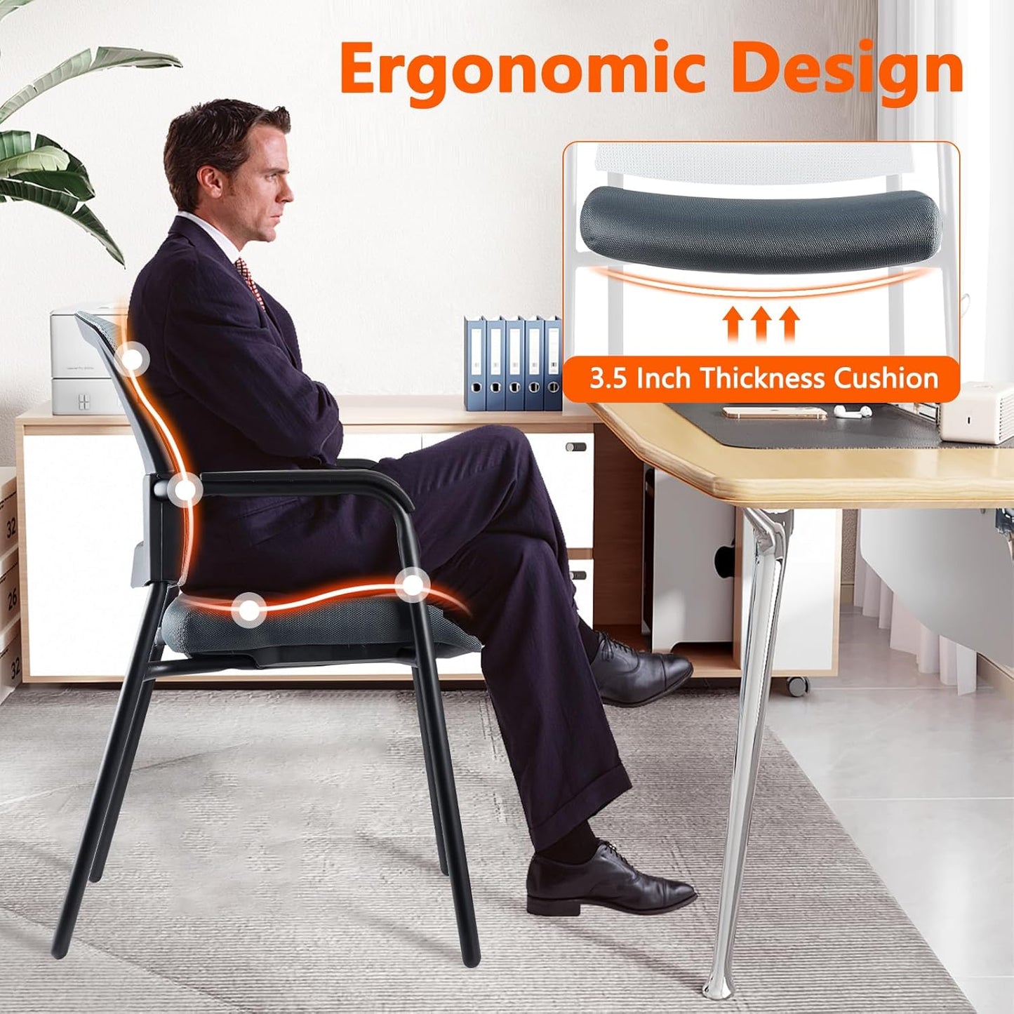 CLATINA Office Reception Guest Chair Mesh Back Stacking with Ergonomic Lumbar Support and Thickened Seat Cushion for Waiting Conference Room Gray 2 Pack