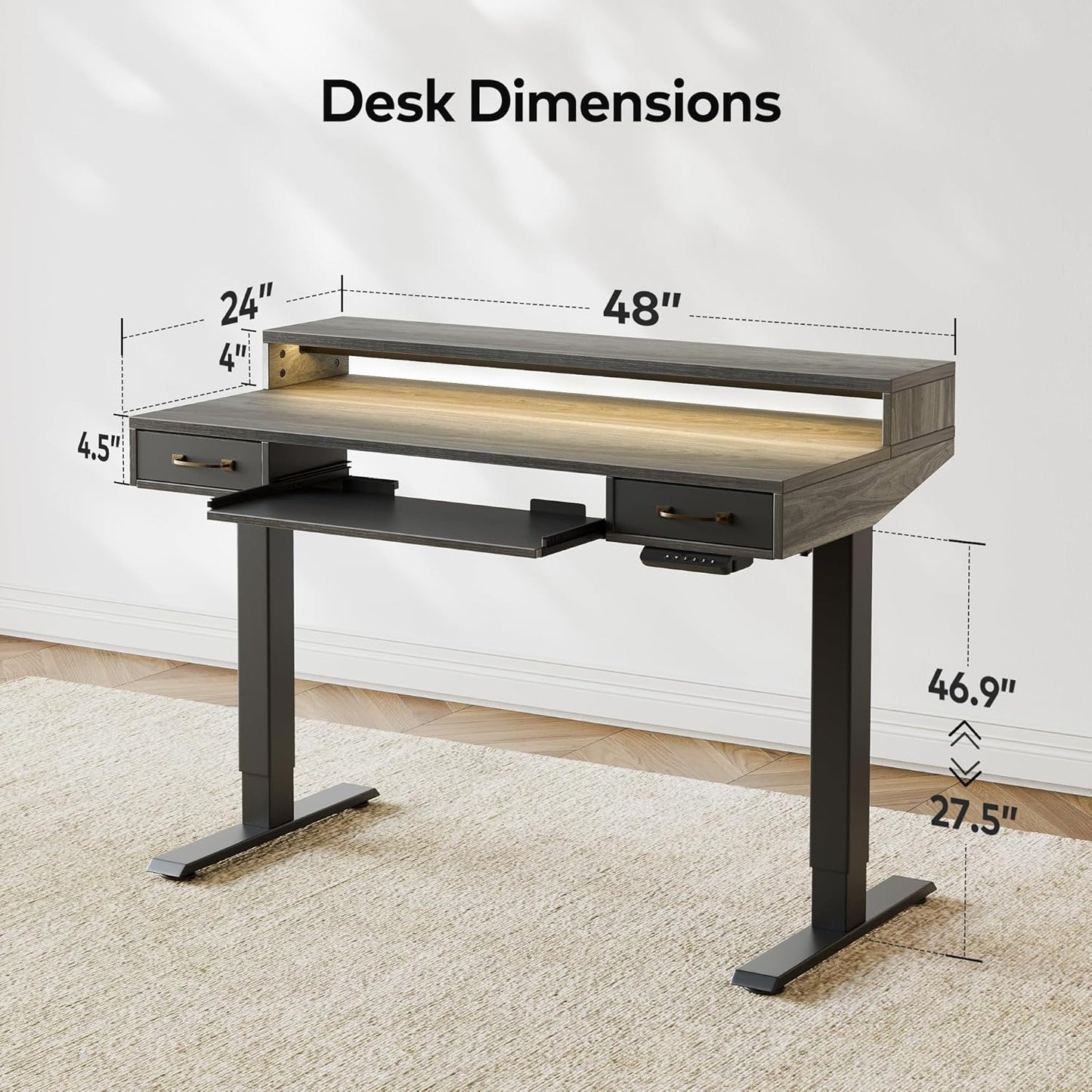 FEZIBO 48 x 24 Inch Height Adjustable Electric Standing Desk with Double Drawers&Keyboard Tray, Stand Up Desk with LED Strips&Monitor Stand,Rustic Grey Top