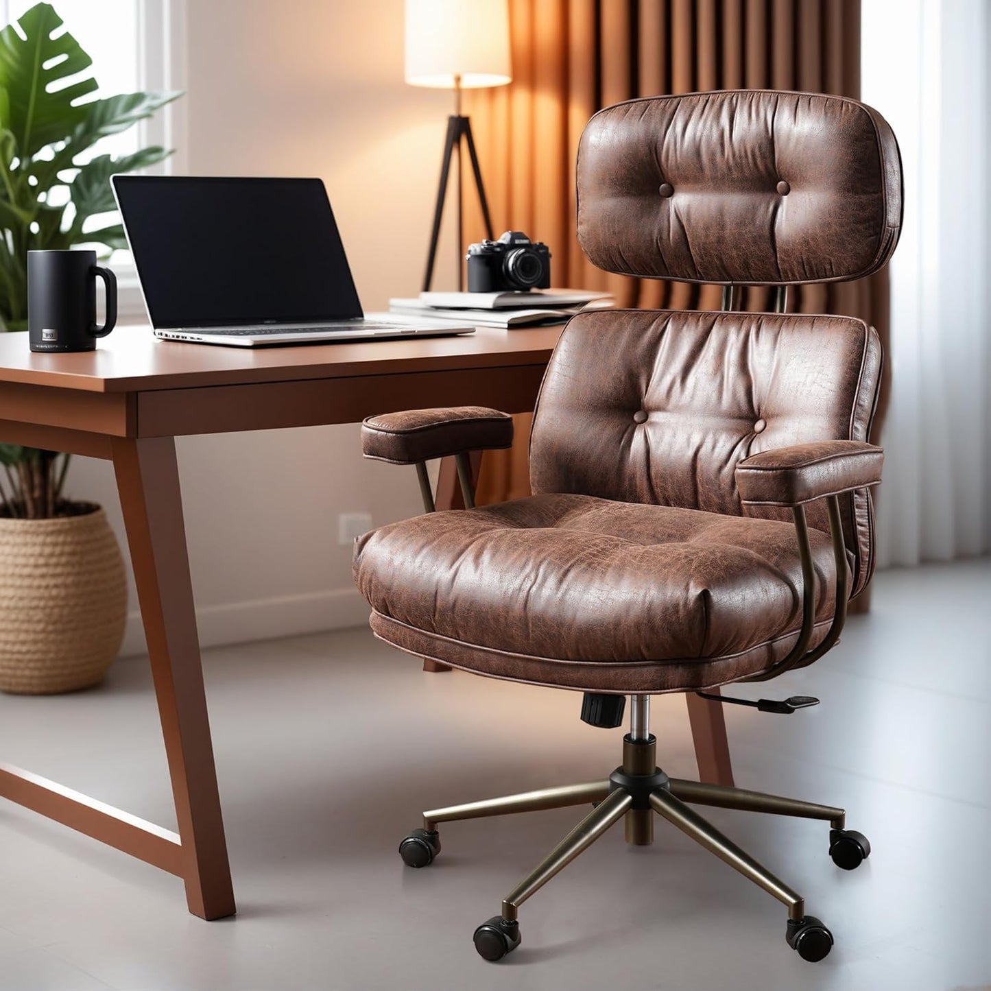 ovios Home Office Chair, Mid-Century Modern Faux PU Leather Chairs with Lumbar Support Comfy Thick Cushion, High Back Ergonomic Swivel Rolling Executive Armchair (Dark Brown, Suede Leather)