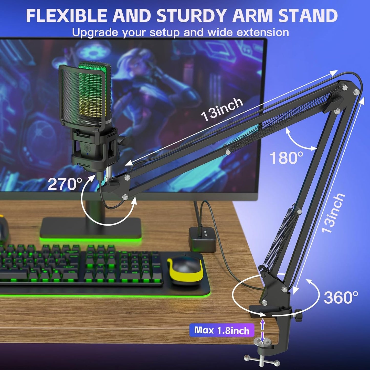 ZealSound Gaming USB Microphone,Noise Cancellation Condenser mic,RGB Microphone with Mute,Gain,Monitoring,Boom Arm,Pop Filter for Phone,PC,Computer,PS4,PS5,Mac,Streaming,Podcast,Twitch,YouTube,Discord