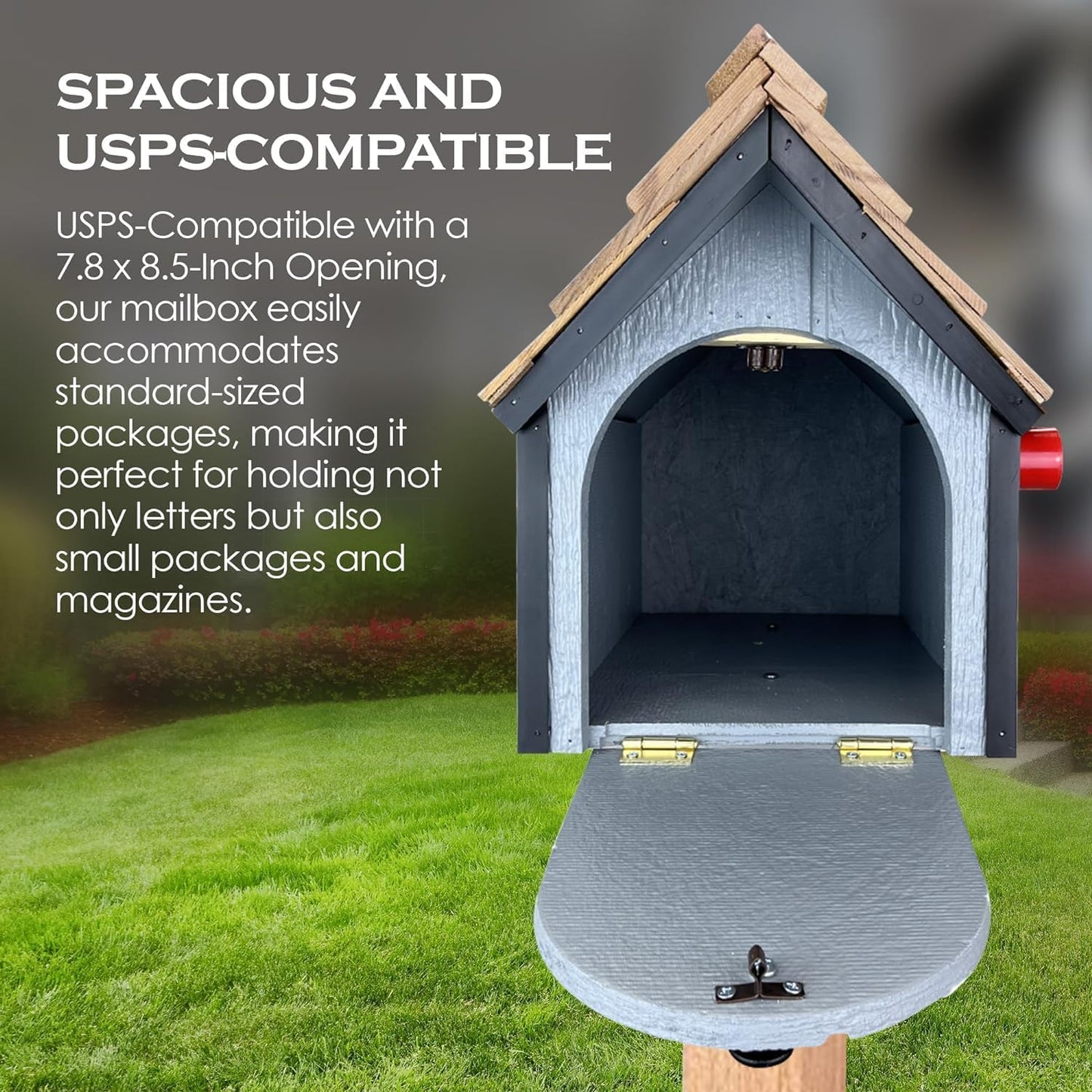 Peaceful Classics Amish Cedar Roof Wooden Mailbox with Window & Door Trim, Handcrafted Mailboxes for Outside, Post Mount Residential Mailboxes - (Clay & White, Wood)