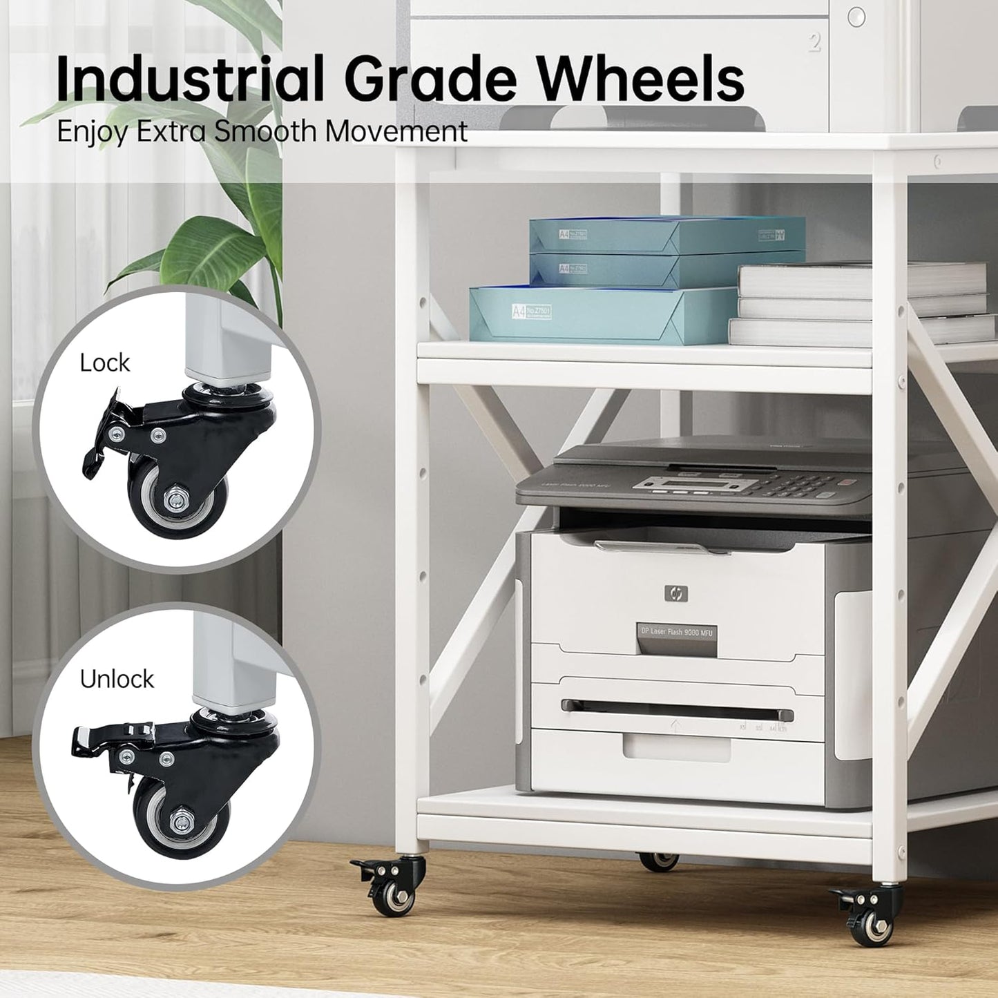 Large Printer Stand with Height Adjustable Storage Shelf, 23.6 x 23.6 Inches Square Printer Table with Industrial Wheels, Multi-use 3 Tier Rolling Printer Cart for Home Office - White