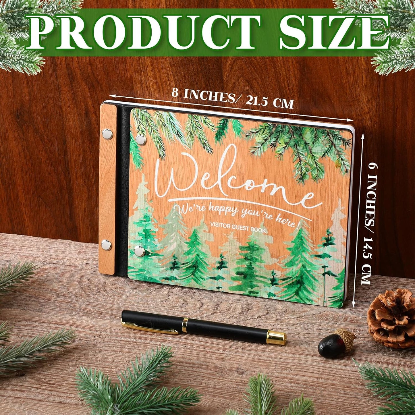 Welcome Guest Book Wood Cover Visitor Log Book Rustic Wedding Memory Scrapbook with Pen 8 x 6 Inches Neutral Pine Photo Album with 120 Pages for Vacation Home Wedding Office Reception
