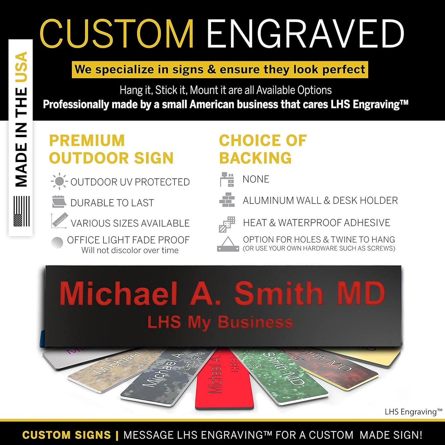 Engraved Name Plates for Door Sign Personalized Black Plastic Plaque with Red Letters - Made in USA 2x8 B19