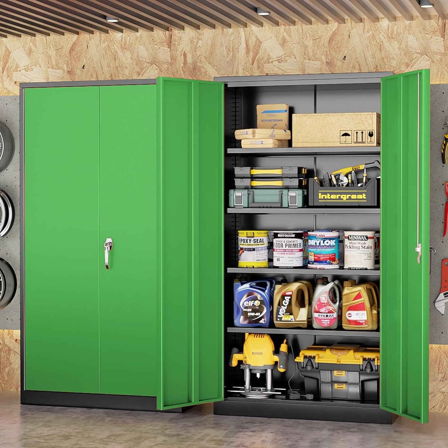 INTERGREAT Metal Storage Cabinet, Garage Steel Locking Cabinets with Doors and 4 Adjustable Shelves, Tall Lockable File Tool Cabinets for Home Office, Classroom Cabinet Basement, Black-Green