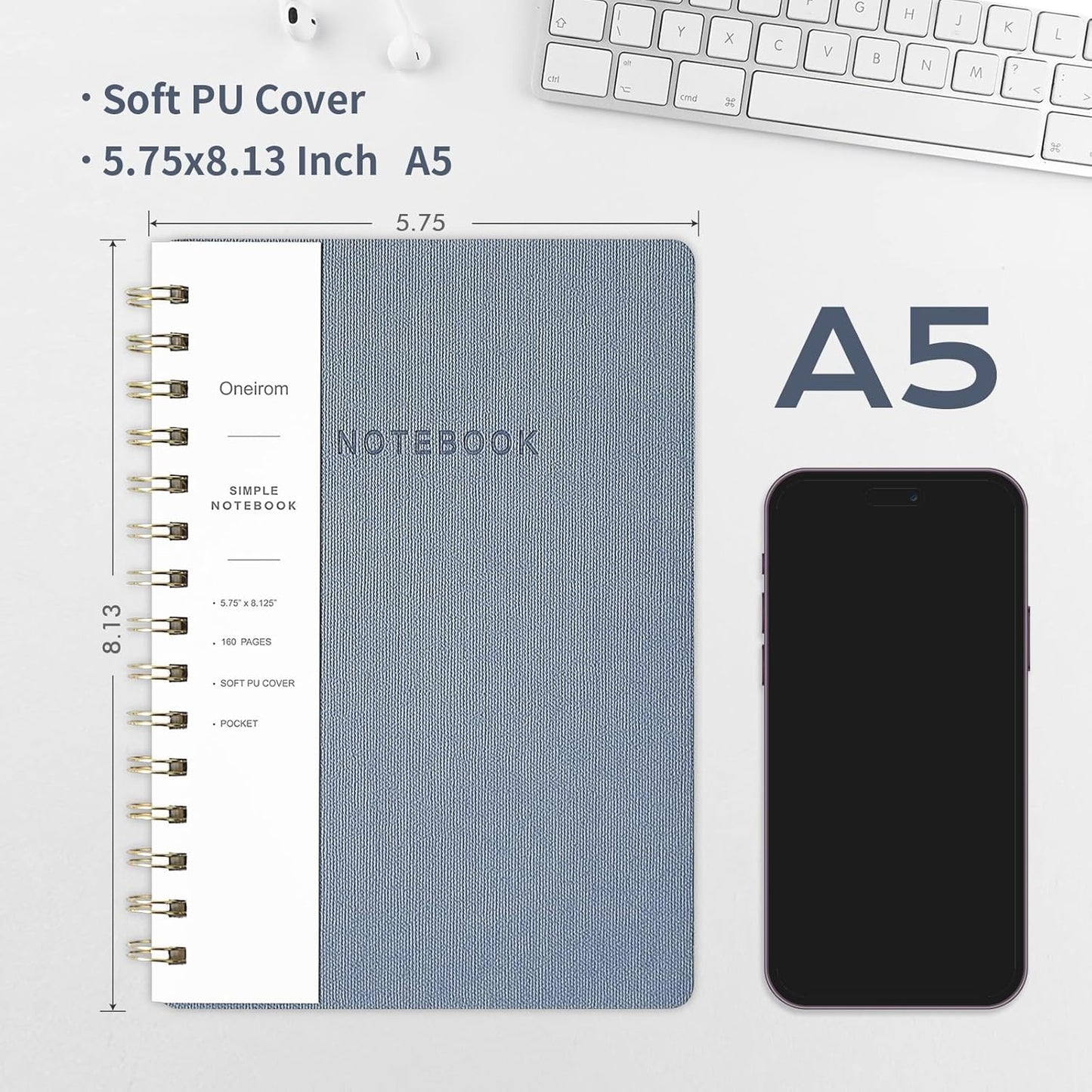 Spiral Notebook-5.75" x 8.125" College Ruled Journal with Inner Pockets and 160 Pages,PU Leather Cover Business Journal, Twin-Wire Binding Notebook Perfect for Office & Home School Supplies