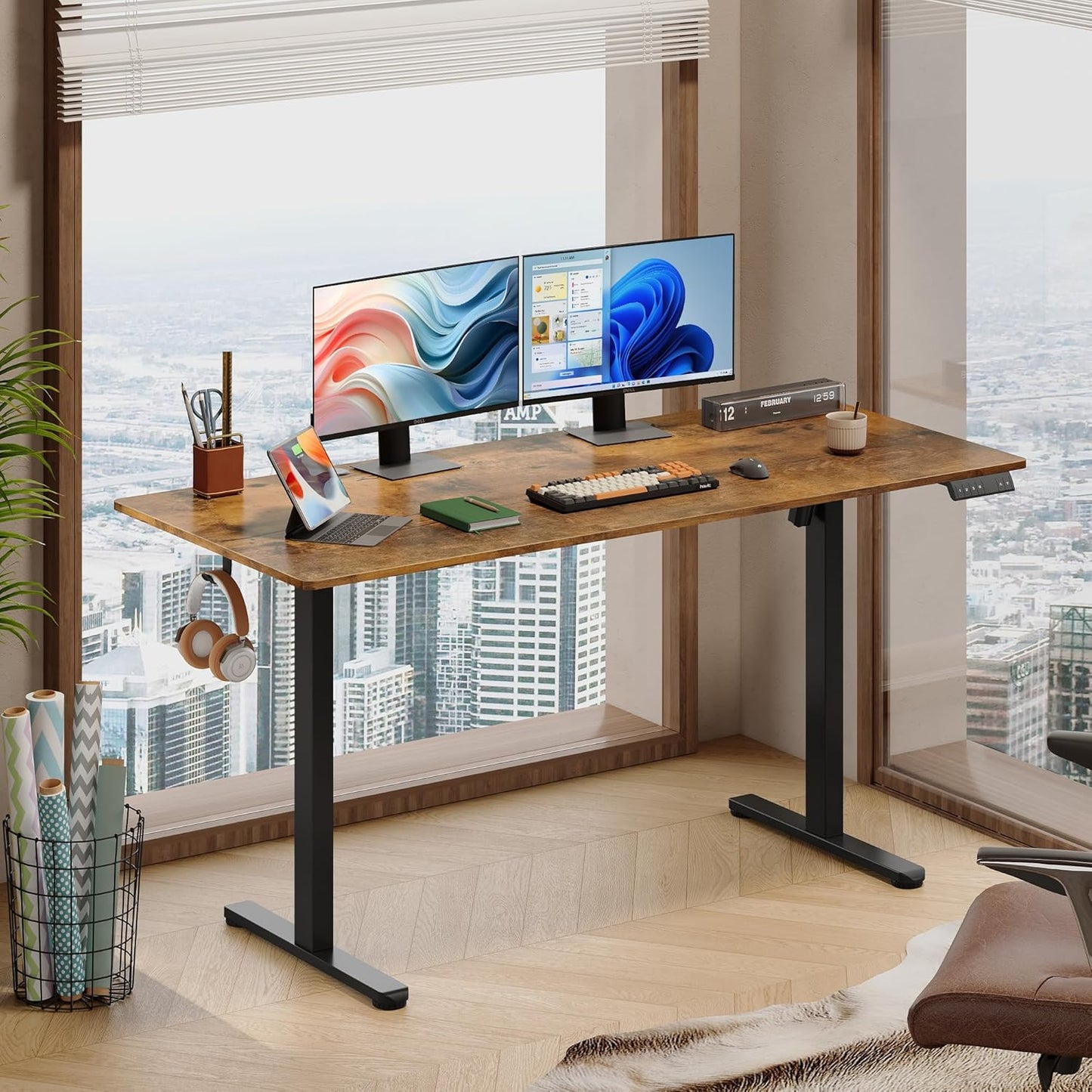 DEVAISE 63 Inch Electric Standing Desk, 3 Adjustable Height Stand up Desk for Home Office, Ergonomic Sit to Stand Desk with LED Touchscreen, Hook, 3 Memory Preset Computer Desk (Rustic Brown)