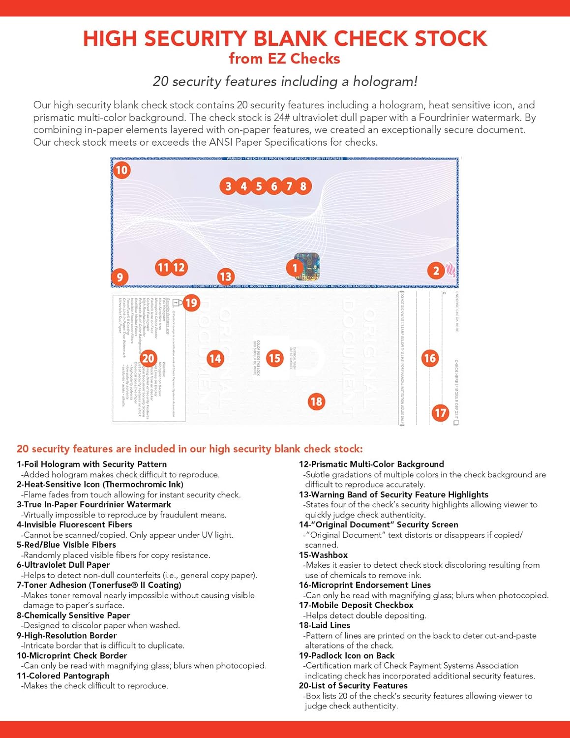EZ Checks Premium Blank Hologram High Security Laser Check Stock | 500 Sheets | Blue/Maroon | Check at Bottom)
