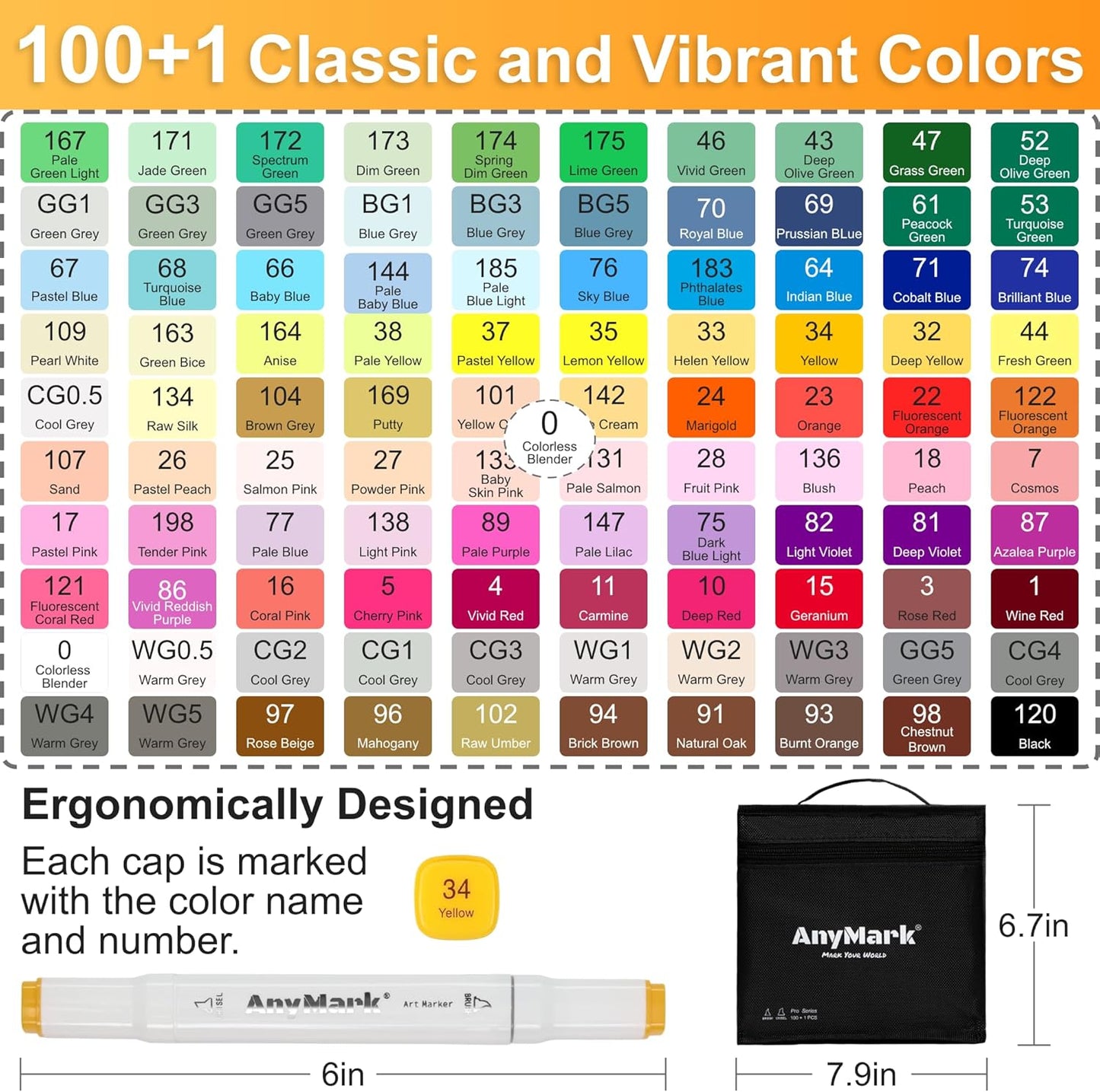 AnyMark Alcohol Markers Brush Tip, 100+1 Colors Dual Tip Brush & Chisel Alcohol-Based Art Markers Set with Case for Adult Artists Drawing Coloring
