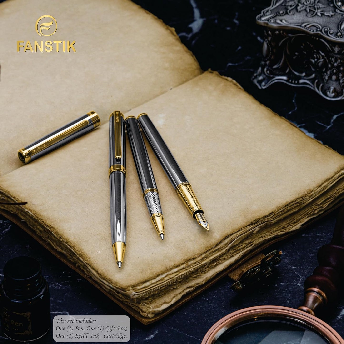 Customized Silver&Gold Luxury ballpoint pen (Made In USA) fancy gift set for women, Real 24K Gold Plating, Professional executive pen gift set for men (Lux Custom-BallPoint Silver-Gold)