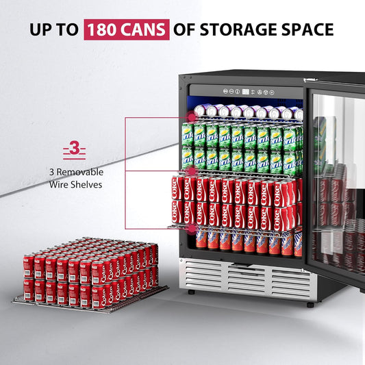 24 Inch Beverage Refrigerator, Beverage Cooler 180 Can Built-in Design, Under Counter Beer Fridge with Glass Door for Soda, Wine, Water - For Kitchen, Office or Bar
