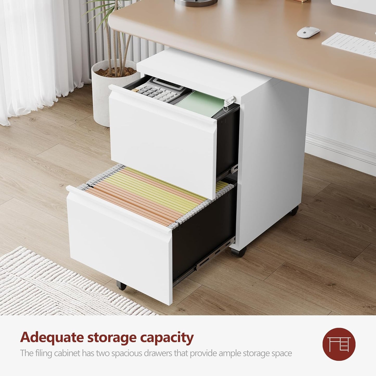 2 Drawer File Cabinet，Mobile Filing Cabinet with Lock and Wheels，Fully Assembled Metal Under Desk File Cabinets for A4/Letter/Legal Size（White
