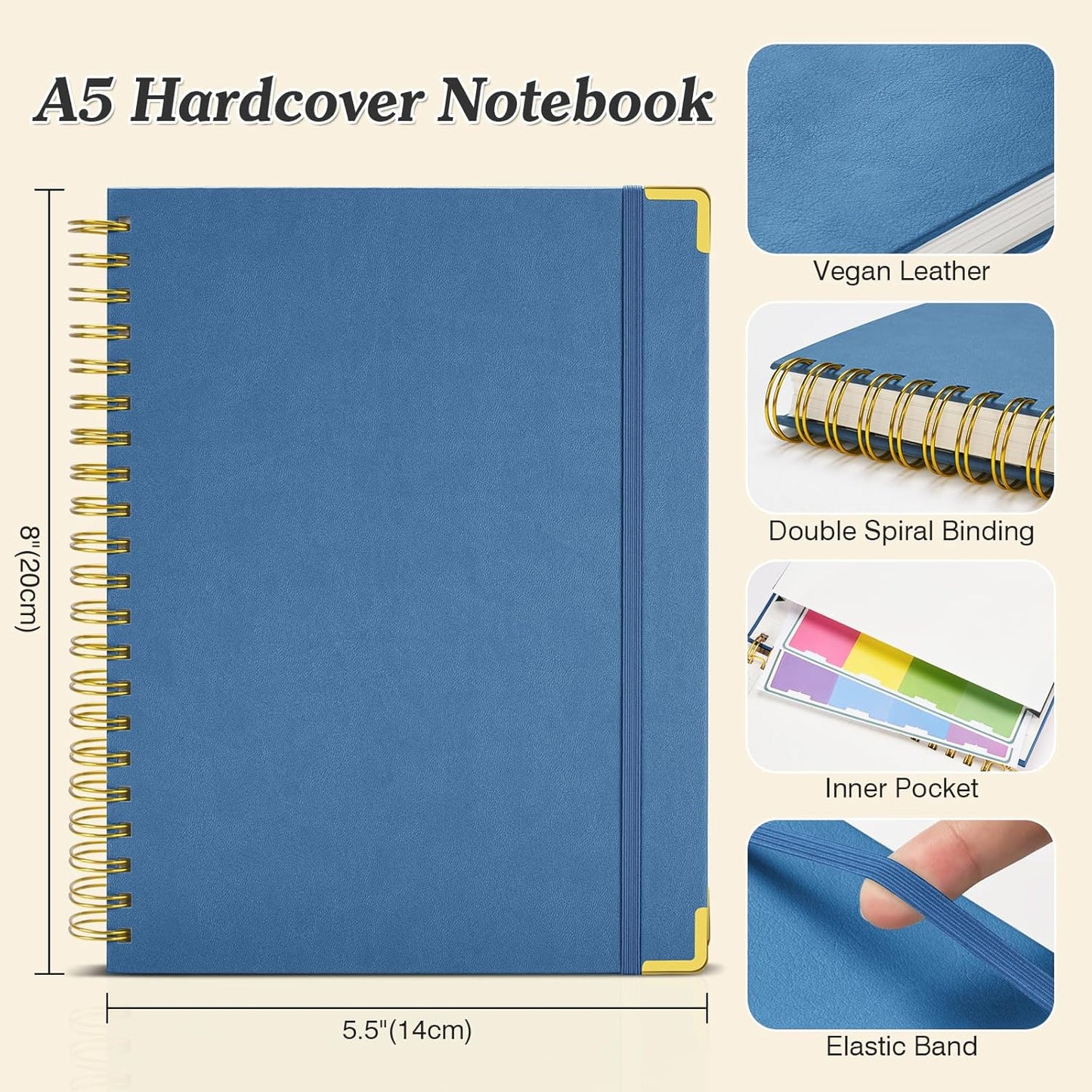 Graph Paper Notebook, Spiral Grid Notebook, Hardcover Leather Journal 300 Pages, 100gsm Thick Grid Paper Notebook, A5 Small Graphing Notebook Journal for Women Men Writing Engineering School Work