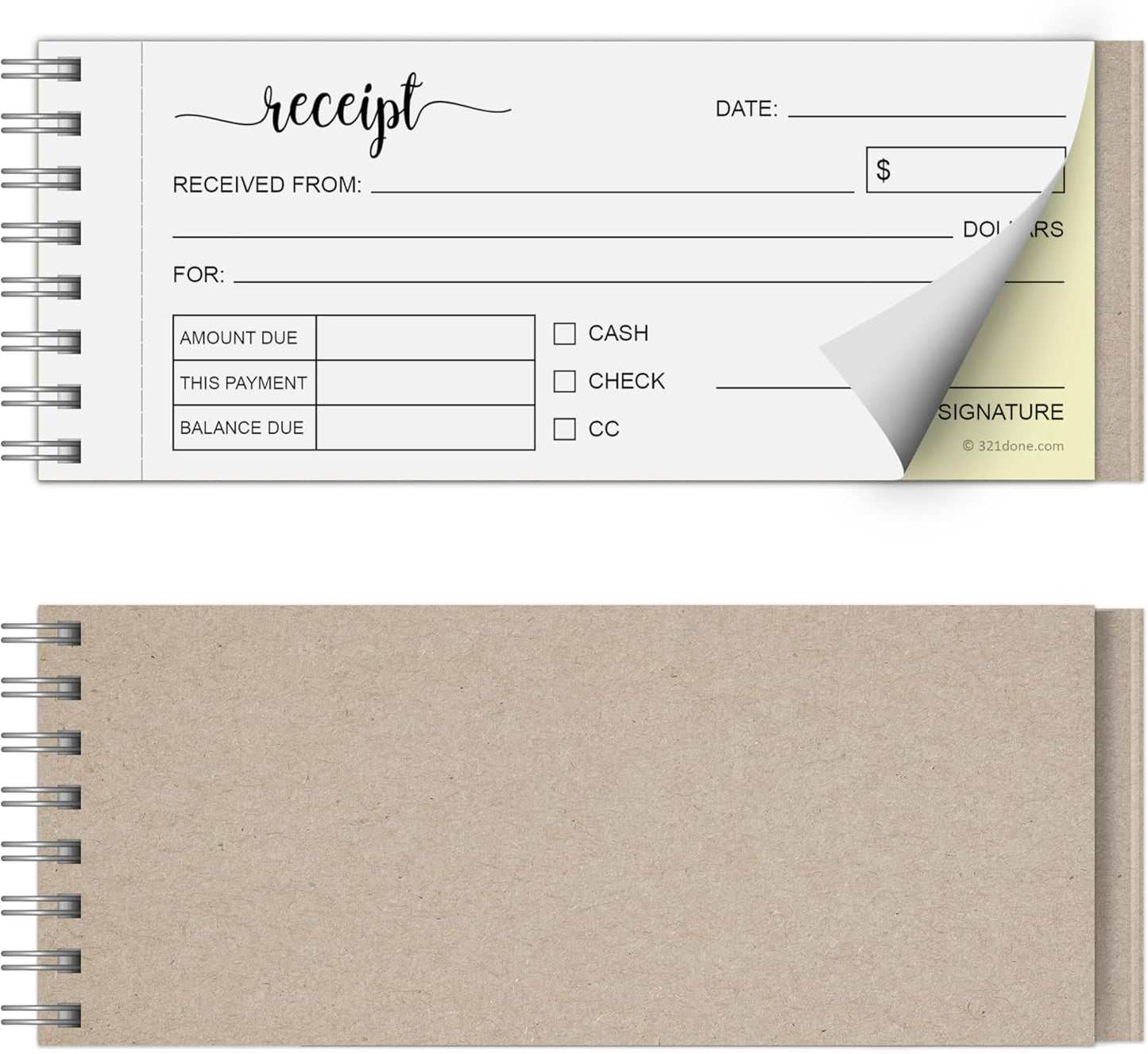 321Done Receipt Book, 2-Part Carbonless Spiral Bound 2.75x6 - Made in USA, 50 White/Yellow Pages, Receipt Book with Carbon Copies for Small Business