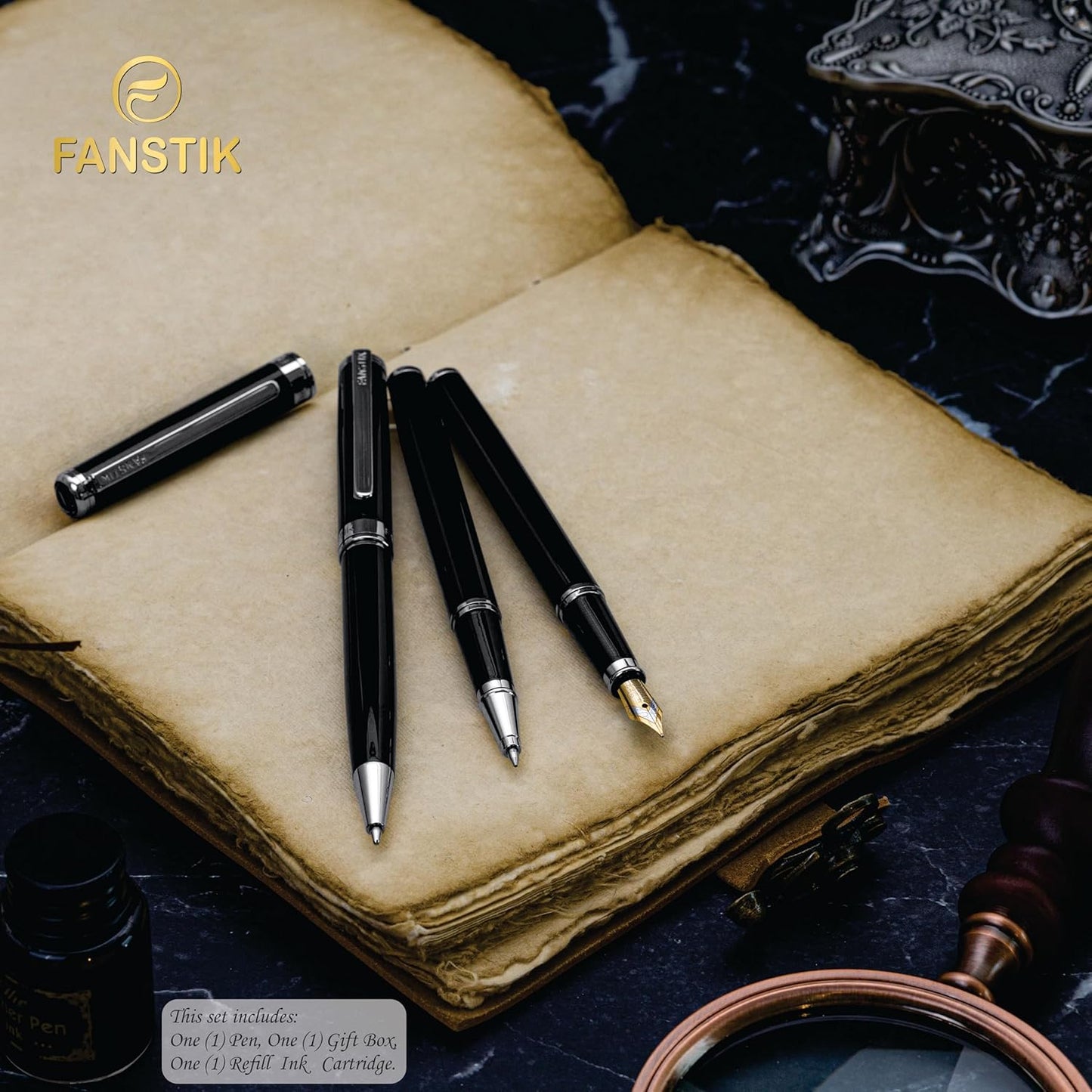 Black & Silver Luxury Rollerball pen (Made In USA) fancy gift set for women, Real 24K Gold Plating, Professional executive pen gift set for men (Lux Rollerball Black-Silver)